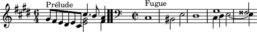
\version "2.18.2"
\header {
  tagline = ##f
}

\score {
  \new Staff \with {
%fontSize = #-2
  }
<<
  \relative c'' {
    \key cis \minor
    \time 6/4
	\set Staff.midiInstrument = #"harpsichord" 

     %% INCIPIT CBT I-18, BWV 849, ut-dièse mineur
     << { s4*0^\markup{Prélude} gis8 fis e dis e cis cis'4. b8 a4 } \\ { s2. < gis e >2 fis4 } >> \bar ".."

     \skip 16*1
     \override Staff.Clef.extra-offset = #'( -1 . 0 )
     \time 2/2 
     \clef bass
     << { \relative c' { s1*3 gis1 fisis2 } } \\ { \relative c { cis1^\markup{Fugue} bis2 e dis1 cis4 dis e2~ e4 } } >>

  }
>>
  \layout {
     #(layout-set-staff-size 17)
     \context { \Score \remove "Metronome_mark_engraver" 
     \override SpacingSpanner.common-shortest-duration = #(ly:make-moment 1/2) 
}
  }
  \midi {}
}
