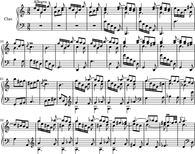 
\version "2.18.2"
\header {
  tagline = ##f
  % composer = "Domenico Scarlatti"
  % opus = "K. 327"
  % meter = "Allegro"
}

%% les petites notes
trillCp      = { \tag #'print { c4.\prall } \tag #'midi { d32 c d c~ c4 } }
trillGqp     = { \tag #'print { g8.\prall } \tag #'midi { a32 g a g } }

upper = \relative c'' {
  \clef treble 
  \key c \major
  \time 3/8
  \tempo 4. = 72
  \set Staff.midiInstrument = #"harpsichord"
  \override TupletBracket.bracket-visibility = ##f

      s8*0^\markup{Allegro}
      \repeat unfold 2 { << { e16[ c g c] g'8 | f4 e8 } \\ { s8 g,4 | a8 b c } >> } | \repeat unfold 2 { << { < c e >4 < d f >8~ | q < c e >8 < b d > } \\ { g4. g } >> }
      % ms. 9
      e'16 c g c << { fis8 | g d e } \\ { a,8 | b4. } >> | \appoggiatura d8 \trillCp | b4. |
      % ms. 13
      \repeat unfold 2 { << { g'16[ d b d] b'8~ | b a g } \\ { s8 b,4 | c4 b8 } >> } | \repeat unfold 2 { << { < g' b >4 < a c >8~ | q < g b >8 < fis a > } \\ { d4. d } >> } 
      % ms. 21
      b'8 fis g | dis e g | \acciaccatura d8 \trillCp | b4. |
      % ms. 25
      \repeat unfold 2 { g'16 d b g << { aes'8~ | aes g f } \\ { c8 | b4 c8 } >> } << { \mergeDifferentlyDottedOn g'4.~ | g8 g f~ | f e d~ | d cis16 b a8 } \\ { g'16 d b g cis8 | d4. bes  } >>
      % ms. 33
       << { \repeat unfold 2 { a'4 bes8~ | bes a g~ } | g8 fis g | a4.~ | a8 bes a | fis \trillGqp fis32 g } \\ { \repeat unfold 2 { a16[ e cis a] d8 | cis4 d8 } | c4 ees8~ ees d c | d4.~ | d8 c4 } >>
      % ms. 41
      << { \appoggiatura g'16 a4. } \\ { d,4. } >>

}

lower = \relative c' {
  \clef bass
  \key c \major
  \time 3/8
  \set Staff.midiInstrument = #"harpsichord"
  \override TupletBracket.bracket-visibility = ##f

    % ************************************** \appoggiatura a16  \repeat unfold 2 {  } \times 2/3 { }   \omit TupletNumber 
      R4.*4 | \repeat unfold 2 { c16[ g e c] g8 | c,4. } |
      % ms. 9
      c''4. | b4 g8 | a fis d | g d b | 
      % ms. 13
      g4. | d4 g8 | g'4. | d4 g,8 | \repeat unfold 2 { g''16[ d b g] d8 | g,4 d8 } |
      % ms. 21
      g8 a b | c4. | d8 e fis | g d g, | \repeat unfold 2 { \clef treble << { g''4 f8 | g4 aes8 } \\ { g,4. g } >> } |   \clef bass
      % ms. 29
      g4 a8 | bes4 a8 | g4 g'8 | a,4 a,8 |
      % ms. 33
      \repeat unfold 2 { \clef treble << { a''4 g8 | a4 bes8 } \\ { a,4. a } >> } | << { a'4 g8 } \\ { a,4. } >> fis'4 d8 |
      % ms. 39
      g4 d8 | ees4. | d4   \clef bass d,8

}

thePianoStaff = \new PianoStaff <<
    \set PianoStaff.instrumentName = #"Clav."
    \new Staff = "upper" \upper
    \new Staff = "lower" \lower
  >>

\score {
  \keepWithTag #'print \thePianoStaff
  \layout {
      #(layout-set-staff-size 17)
    \context {
      \Score
     \override SpacingSpanner.common-shortest-duration = #(ly:make-moment 1/2)
      \remove "Metronome_mark_engraver"
    }
  }
}

\score {
  \keepWithTag #'midi \thePianoStaff
  \midi { }
}
