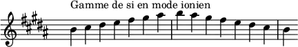 
\relative c'' { 
  \key b \ionian
  \clef treble \time 7/4 \hide Staff.TimeSignature b4^\markup { Gamme de si en mode ionien } cis dis e fis gis ais b ais gis fis e dis cis b
}
