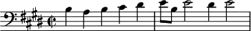 
\version "2.18.2"
\header {
  tagline = ##f
}

\score {
  \new Staff \with {

  }
<<
  \relative c' {
    \clef bass
    \key e \major
\override Staff.TimeSignature #'stencil = #ly:text-interface::print
\override Staff.TimeSignature #'text = \markup \musicglyph #"timesig.C22"
    \time 3/2
    \set Staff.midiInstrument = #"harpsichord" 

     %% CONTRE-SUJET fugue CBT II-9, BWV 878, mi majeur
     \partial 4*5 b4 a b cis dis | e8 b e2 dis4 e2

  }
>>
  \layout {
     \context { \Score \remove "Metronome_mark_engraver" }
  }
  \midi {} 
}
