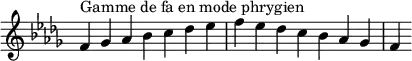  {
\override Score.TimeSignature #'stencil = ##f
\relative c' {
  \key f \phrygian
  \clef treble \time 7/4
  f4^\markup { Gamme de fa en mode phrygien } ges aes bes c des es f es des c bes aes ges f
} }
