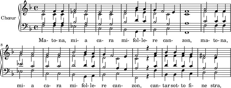 
\version "2.18.2"
\header {
  tagline = ##f
}

tema-b = { f2 f4 f ees2 f c c bes g4 a bes2 c }

upper = \relative c' {
  \clef treble 
  \key f \major
  \time 4/4
  \tempo 2 = 98
  \set Staff.midiInstrument = #"orchestral harp"

  << { f2 f4 f g2 f e e f bes4 a g f2 e4 \tempo 2 = 70 f1 | \tempo 2 = 98 a2 f4 f bes2 a  g g bes  bes4 a g f2 e4 | \tempo 2 = 70 f2 r4 \tempo 2 = 98 a4 bes bes a g fis2 fis  } \\ { \stemDown c2 c4 c ees2 c c c d g4 e d2 c c1 | f2 f4 f g2  f e e f g4 e d2 c c c4\rest f4 f f f e d2 d4 s4 } 

    \addlyrics { Ma- to- na, mi- a ca- ra mi- fol- le- re can- zon, ma- to- na, mi- a ca- ra mi- fol- le- re can- zon, can- tar sot- to fi- ne stra, }
>>

}

lower = \relative c' {
  \clef bass
  \key f \major
  \time 4/4
  \set Staff.midiInstrument = #"orchestral harp"
    
   << { a2 a4 a bes2 a g g bes d4 c bes2 g a1 | c2 c4 c ees2 c c c d d4 c bes2 a4 g a2 r4 c4 d d c c a2 a  } \\ { \tema-b f,1 | \relative c \tema-b f2 r4 f'4 bes, bes f' c d2 d } >>

} 

\score {
  \new PianoStaff <<
    \set PianoStaff.instrumentName = #"Chœur"
    \new Staff = "upper" \upper
    \new Staff = "lower" \lower

  >>
  \layout {
    \context {
      \Score
      \remove "Metronome_mark_engraver"
      %\override SpacingSpanner.common-shortest-duration = #(ly:make-moment 1/2)
    }
  }
  \midi { }
}
