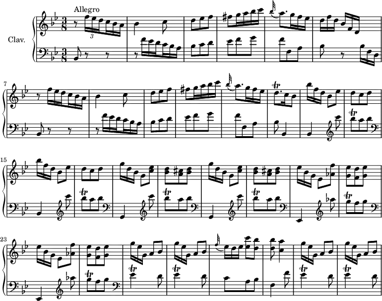 
\version "2.18.2"
\header {
  tagline = ##f
  % composer = "Domenico Scarlatti"
  % opus = "K. 112"
  % meter = "Allegro"
}

%% les petites notes
trillEesp         = { \tag #'print { ees4\trill } \tag #'midi { f32 ees f ees~ ees8 } }
trillEespDown     = { \tag #'print { ees,4\trill } \tag #'midi { f32 ees f ees~ ees8 } }
trillDqp          = { \tag #'print { d8.\trill } \tag #'midi { ees32 d ees d~ d16 } }
trillGq           = { \tag #'print { g8\trill } \tag #'midi { aes32 g aes g } }
trillBesq         = { \tag #'print { bes8\trill } \tag #'midi { c32 bes c bes } }

%% subdiviser ou non les ligatures
subd = \set subdivideBeams = ##t
nosubd = \set subdivideBeams = ##f

upper = \relative c'' {
  \clef treble 
  \key bes \major
  \time 3/8
  \tempo 4. = 62
  \set Staff.midiInstrument = #"harpsichord"
  \override TupletBracket.bracket-visibility = ##f

      s8*0^\markup{Allegro}
      r8 
      \subd
      \times 2/3 { f16 ees d } \omit TupletNumber \times 2/3 { c16 bes a } |
      \nosubd
      bes4 c8 | d ees f | fis g16 a bes  c | \appoggiatura bes32 a8. g16 f ees |
      % ms. 6
      \subd
      \times 2/3 { d16 f d  bes16[ f d] } s8 |
      r8 \times 2/3 { f'16 ees d } \times 2/3 { c16 bes a } |
      \nosubd
      bes4 c8 | d ees f | fis g16 a bes  c | 
      % ms. 11
      \appoggiatura bes32 a8. g16 f ees | \trillDqp c16 bes8 | \repeat unfold 2 { \times 2/3 { bes'16[ f d] } bes8 ees | d c d } |
      % ms. 17
      \repeat unfold 2 { \times 2/3 { g16[ d bes] } g8 < c ees >8 | < bes d > < a cis > < bes d > } |
      % ms. 21
      \repeat unfold 2 { \times 2/3 { ees16[ bes g] } ees8 < aes f' >8 | < g ees' > < f d' > < g ees' > } |
      % ms. 25
      \repeat unfold 2 { \times 2/3 { g'16[ ees g,] } a8 bes } | \appoggiatura f'32 \times 2/3 { ees16[ d ees] } < ees c' >8 < d bes' > |
      % ms. 28
      < d bes' >8 < c a' >4 | \repeat unfold 2 { \times 2/3 { g'16[ ees g,] } a8 bes } |

}

lower = \relative c' {
  \clef bass
  \key bes \major
  \time 3/8
  \set Staff.midiInstrument = #"harpsichord"
  \override TupletBracket.bracket-visibility = ##f
  \omit TupletNumber

    % ************************************** \appoggiatura a16  \repeat unfold 2 {  } \times 2/3 { }
      bes,8 r8 r8 |
      \subd
      r8 \times 2/3 { f''16 ees d   c bes a } |
      \nosubd
      bes8 c d | ees f g | f f, a | 
      % ms. 6
      bes8 r8 \times 2/3 { bes16 f d } | bes8 r8 r8 |
      \subd
      r8 \times 2/3 { f''16 ees d   c16 bes a } |
      \nosubd
      bes8 c d | ees f g |
      % ms. 11
      f8 f, a | bes bes,4 | \repeat unfold 2 { \clef bass bes4  \clef treble  c'''8 | \trillBesq a bes }
      % ms. 17
      \repeat unfold 2 {   \clef bass g,,,4  \clef treble  c'''8 | \trillBesq a bes }
      % ms. 21
      \repeat unfold 2 {   \clef bass ees,,,,4  \clef treble  aes'''8 | \trillGq f g } \clef bass | \repeat unfold 2 { \trillEespDown d8 } | c8 a bes |
      % ms. 28
      f4 f'8 | \repeat unfold 2 { \trillEesp d8 } |

}

thePianoStaff = \new PianoStaff <<
    \set PianoStaff.instrumentName = #"Clav."
    \new Staff = "upper" \upper
    \new Staff = "lower" \lower
  >>

\score {
  \keepWithTag #'print \thePianoStaff
  \layout {
      #(layout-set-staff-size 17)
    \context {
      \Score
     \override SpacingSpanner.common-shortest-duration = #(ly:make-moment 1/2)
      \remove "Metronome_mark_engraver"
    }
  }
}

\score {
  \keepWithTag #'midi \thePianoStaff
  \midi { }
}
