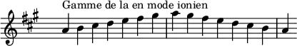 
\relative c'' { 
  \key a \ionian
  \clef treble \time 7/4 \hide Staff.TimeSignature a4^\markup { Gamme de la en mode ionien } b cis d e fis gis a gis fis e d cis b a
}
