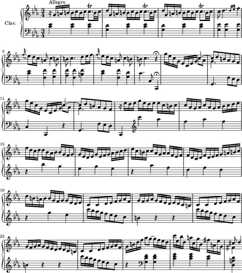 
\version "2.18.2"
\header {
  tagline = ##f
  % composer = "Domenico Scarlatti"
  % opus = "K. 99"
  % meter = "Allegro"
}

%% les petites notes
trillcqp     = { \tag #'print { c8.\trill } \tag #'midi { d32 c d c~ c16 } }

upper = \relative c'' {
  \clef treble 
  \key c \minor
  \time 3/4
  \tempo 4 = 90
  \set Staff.midiInstrument = #"harpsichord"
  \override TupletBracket.bracket-visibility = ##f

      s8*0^\markup{Allegro}
      r16 \repeat unfold 2 { g16 a b b c b c \trillcqp b32 c d16 } | g,16 a b b c b c \trillcqp b32 c 
      % ms. 4 suite
      c8 d4. \grace { \tempo 4 = 60 d16  ees } \tempo 4 = 90 f4 | \appoggiatura f32 ees8 d16 c a8 c4 b8 | b c4. d8 ees16 f | \appoggiatura f32 ees8 d16 c a8 c4 b8 |
      % ms. 8
      b8 c4. r4\fermata | \repeat unfold 2 { g'16 ees c g ees c ees g << { c4~ | c8 d b aes g f } \\ { c'8 aes | g4. } >> }
      % ms. 13
      r16 ees'16 d ees g ees d ees ees c b c | \repeat unfold 2 { c aes g aes } bes c d ees | f d c d d bes aes bes bes g f g |
      % ms. 16
      g16 ees d ees g ees f g aes bes c d | ees c b c c aes g aes aes f ees f | f d c d f d ees f g a b c | d b a b b g f g g ees d ees |
      % ms. 20
      \repeat unfold 2 { c8 c d ees f16 g aes f | g f g aes g f ees d ees d c b } |
      % ms. 24
       c8 c d ees f16 g aes f | g16 b d f aes8 g~ g16 f ees d | c'16 ees, bes' d, a' c, g' bes, fis' a, ees' g, | << { cis8 d4*1/2  } \\ { fis,4 } >>

}

lower = \relative c' {
  \clef bass
  \key c \minor
  \time 3/4
  \set Staff.midiInstrument = #"harpsichord"
  \override TupletBracket.bracket-visibility = ##f

    % ************************************** \appoggiatura \repeat unfold 2 {  } \times 2/3 { }
      \repeat unfold 3 { < c ees >4 } | \repeat unfold 2 { < g d' >4 \repeat unfold 2 { < c ees >4 } }
      % ms. 4
      \repeat unfold 3 { < g ees' >4 } | < c ees >4 < f, f' > < g f' > | < aes f' > < f f' > < b f' > | < c ees > < f, f' > < g d' >
      % ms. 8
      c4. c,8 c,4\fermata | s2. | g'4. f'8 ees d | c4 c, r4 |
      % ms. 12
      g'4. f'8 ees d | c,4   \clef treble  c''''4 aes | f aes f | r4 bes g |
      % ms. 16
      ees g ees | r4 aes f | d f d | r4 g ees
      % ms. 20
      \repeat unfold 2 { c'16 bes aes g f8 ees d c | b4 r4 r4 } |
      % ms. 24
      c'16 bes aes g f8 ees d c | r4   \clef bass  < g, d' f > q | < c ees g > q < c ees > | < d, a' d >4

}

thePianoStaff = \new PianoStaff <<
    \set PianoStaff.instrumentName = #"Clav."
    \new Staff = "upper" \upper
    \new Staff = "lower" \lower
  >>

\score {
  \keepWithTag #'print \thePianoStaff
  \layout {
      #(layout-set-staff-size 17)
    \context {
      \Score
     \override SpacingSpanner.common-shortest-duration = #(ly:make-moment 1/2)
      \remove "Metronome_mark_engraver"
    }
  }
}

\score {
  \keepWithTag #'midi \thePianoStaff
  \midi { }
}
