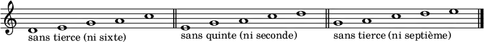 
{
\new Staff \with { \remove "Time_signature_engraver" }
\clef treble
\time 5/1

d'1_"sans tierce (ni sixte)" e' g' a' c'' \bar "||"

e'_"sans quinte (ni seconde)" g' a' c'' d'' \bar "||"

g'_"sans tierce (ni septième)" a' c'' d'' e'' \bar "||"

\bar "|."
}
