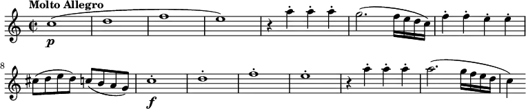
\relative c'' {
  \version "2.18.2"
    \key c \major
    \time 2/2
    \tempo "Molto Allegro"
    \tempo 4 = 210   
  c1\p ( d f e)  
  r4  a4-. a-. a-.
   g2. (f16 e d c)
   f4-.  f-.  e-. e-.
   cis8 (d e d) c (b a g)
  c1-.\f  d-. f-. e-.
  r4  a4-. a-. a-.
   a2. (g16 f e d c4)
  }
