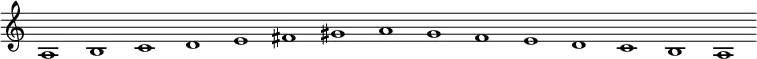 
\new Staff {
  \relative c' {
    \key a \minor
    \override Staff.TimeSignature #'stencil = ##f
    \override Staff.BarLine #'stencil = ##f
     a1 b c d e fis gis a g f e d c b a
  }
}
\midi {
  \context {
    \Score
    tempoWholesPerMinute = #(ly:make-moment 120 1)
  }
}
