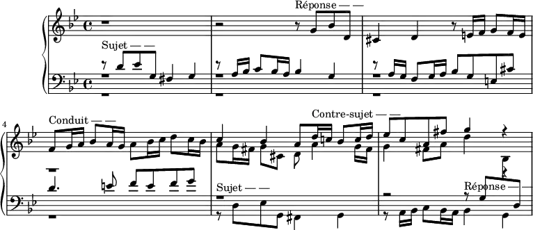 
\version "2.14.2"
\header {
  tagline = ##f
}
upper = \relative c'' {
  \clef treble 
  \key g \minor
  \time 4/4
  \tempo 4 = 62
  %\autoBeamOff

    r1 |
    r2 r8^\markup{Réponse — —} g8 bes d, |
    cis4 d r8 e!16 f g8 f16 e |
    f8^\markup{Conduit — —} g16 a bes8 a16 g a8 bes16 c d8 c16 bes |
    << { c4 bes a8 d16^\markup{Contre-sujet — —} c! bes8 c16 d } \\ { a8 g16 fis g8 cis,8 d a'4 g16 fis } >>
    << { ees'8 c a fis' g4 r4 } \\ { g,4 fis8 a d4 r4 } >>

}

lower = \relative c {
  \clef bass
  \key g \minor
  \time 4/4

    << { r8^\markup{Sujet — —} d'8 ees g, fis4 g } \\ { r1 } \\ { r1 } >> 
    << { r8 a16 bes c8 bes16 a bes4 g } \\ { r1 } \\ { r1 } >> 
    << { r8 a16 g f8 g16 a bes8 g e! cis' } \\ { r1 } \\ { r1 } >> 
    << { d4. e!8 f e f g } \\ { r1 } \\ { r1 } >> 
    << { r1 } \\ { r8^\markup{Sujet — —} d,8 ees g, fis4 g } >>
    << { r2 r8^\markup{Réponse — —} g'8 \change Staff = "upper" \stemDown bes \change Staff = "lower" \stemUp d, } \\ { r8 a16 bes c8 bes16 a  bes4 g  } >>

}

\score {
  \new PianoStaff <<
    % \set PianoStaff.instrumentName = #"BWV 861"
    \new Staff = "upper" \upper
    \new Staff = "lower" \lower
  >>
  \layout {
    \context {
      \Score
      \remove "Metronome_mark_engraver"
    }
  }
  \midi { }
}
