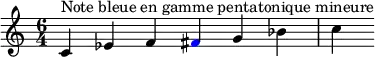 
\relative c' {
  \clef treble \time 6/4 c4^\markup { Note bleue en gamme pentatonique mineure } ees f \once \override NoteHead.color = #blue fis g bes c
}
