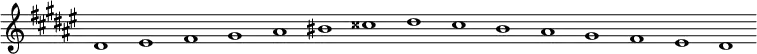 
\new Staff {
  \relative c' {
    \key dis \minor
    \override Staff.TimeSignature #'stencil = ##f
    \override Staff.BarLine #'stencil = ##f
     dis1 eis fis gis ais bis cisis dis cis b ais gis fis eis dis
  }
}
\midi {
  \context {
    \Score
    tempoWholesPerMinute = #(ly:make-moment 120 1)
  }
}

