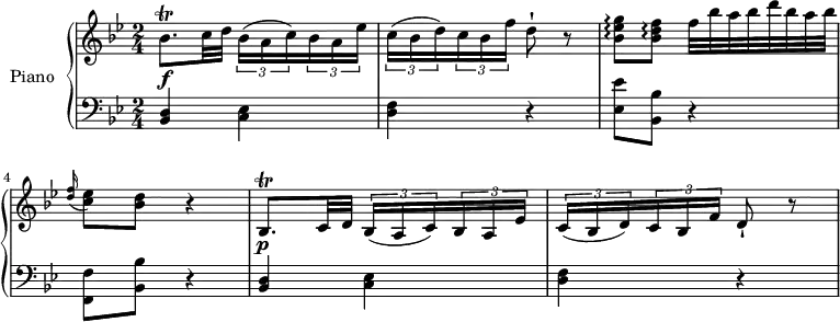
\version "2.18.2"
\header {
  tagline = ##f
}
upper = \relative c' {
  \clef treble 
  \key bes \major
  \time 2/4
  \tempo "Allegro"
  \tempo 4 = 70

   bes'8. \trill \f c32 d \tuplet 3/2 {bes16 (a c )} \tuplet 3/2 { bes16 a ees')}
   \tuplet 3/2 {c16 (bes d )} \tuplet 3/2 { c16 bes f')} d8-! r
   <bes ees g> \arpeggio <bes d f> \arpeggio f'32 bes a bes d bes a bes
    \grace <d, f>16 (<c ees>8) <bes d> r4
    bes,8.  \trill \p c32 d \tuplet 3/2 {bes16 (a c )} \tuplet 3/2 { bes16 a ees')}
   \tuplet 3/2 {c16 (bes d )} \tuplet 3/2 { c16 bes f')} d8-! r
}

lower = \relative c {
  \clef bass
  \key bes \major
  \time 2/4
  <bes d>4 <c ees> <d f> r 
  <ees ees'>8 <bes bes'> r4
  <f f'>8 <bes bes'> r4
  <bes d>4 <c ees> <d f> r
} 

\score {
  \new PianoStaff <<
    \set PianoStaff.instrumentName = #"Piano"
    \new Staff = "upper" \upper
    \new Staff = "lower" \lower
  >>
  \layout {
    \context {
      \Score
      \remove "Metronome_mark_engraver"
    }
  }
  \midi { }
}
