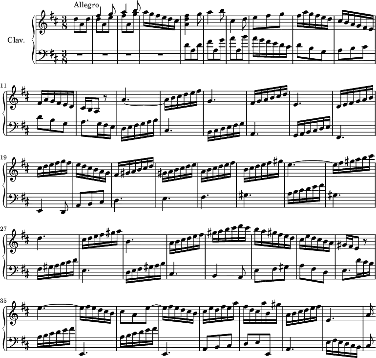 
\version "2.18.2"
\header {
  tagline = ##f
  % composer = "Domenico Scarlatti"
  % opus = "K. 237"
  % meter = "Allegro"
}

%% les petites notes
%trillBesp     = { \tag #'print { bes4.\prall } \tag #'midi { c32 bes c bes~ bes4 } }

upper = \relative c'' {
  \clef treble 
  \key d \major
  \time 3/8
  \tempo 4. = 76

      s8*0^\markup{Allegro}
      d8 a d | << { fis4 g8 | a4 b8 } \\ { d,8 a e' | fis a, g' } >> | a16 g fis e d cis | < a d fis >4 g'8 | a4 b8 | cis,4 d8 |
      % ms. 8
      e8 fis g | fis16 a g fis e d | cis b a g fis e | fis a g fis e d | cis b a8 r8 | a'4.~ | a16 b cis d e fis |
      % ms. 15
      g,4. | fis16 g a b cis d | e,4. | d16 e fis g a b | cis d e fis g fis | e d cis b a g |
      % ms. 21
      fis16 gis a b cis d | gis, a b cis d e | a, b cis d e fis | b, cis d e fis gis | e4.~ e16 fis gis a b cis |
      % ms. 27
      d,4. | cis16 d e fis gis a | b,4. | a16 b cis d e fis | gis a b cis d cis | b a gis fis e d |
      % ms. 33
      cis16 e d cis b a | gis fis e8 r8 | e'4.~ | e16 fis e d cis b | cis8 a e'~ | e16 fis e d cis b | cis e d fis e a |
      % ms. 40
      fis16 d cis a' b, gis' | a, b cis d e fis | e,4. | a16

}

lower = \relative c' {
  \clef bass
  \key d \major
  \time 3/8

    % ************************************** \appoggiatura a16  \repeat unfold 2 {  } \times 2/3 { }   \omit TupletNumber 
      R4.*4 | d8 a d | fis a, g' | a a, b' |
      % ms. 8
      a16 g fis e d cis | d8 b g | a b cis | d b g | a8. g16 fis e | d e fis g a b | cis,4. |
      % ms. 15
      b16 cis d e fis g | a,4. | g16 a b cis d e | fis,4. | e4 d8 | a' b cis | 
      % ms. 21
      d4. | e fis gis | a16 b cis d e fis | gis,4. |
      % ms. 27
      fis16 gis a b cis d | e,4. | d16 e fis gis a b | cis,4. | b4 a8 | e' fis gis |
      % ms. 33
      a8 fis d | e8. d'16 cis b | \repeat unfold 2 { a b cis d e fis | e,,4. } | a8 b cis | 
      % ms. 40
      d8 e e, | a4. | e'16 fis e d cis b | cis8 % a4 | e'16 fis e d cis b | cis8 a a' |

}

thePianoStaff = \new PianoStaff <<
    \set PianoStaff.instrumentName = #"Clav."
    \new Staff = "upper" \upper
    \new Staff = "lower" \lower
  >>

\score {
  \keepWithTag #'print \thePianoStaff
  \layout {
      #(layout-set-staff-size 17)
    \context {
      \Score
     \override TupletBracket.bracket-visibility = ##f
     \override SpacingSpanner.common-shortest-duration = #(ly:make-moment 1/2)
      \remove "Metronome_mark_engraver"
    }
  }
}

\score {
  \keepWithTag #'midi \thePianoStaff
  \midi { \set Staff.midiInstrument = #"harpsichord" }
}
