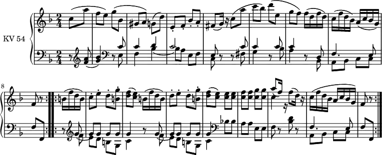 
\version "2.18.2"
\header {
  tagline = ##f
}
upper = 
  \relative c'' {
  \clef treble 
  \key f \major
  \time 2/4
  \tempo 2 = 60
  \tempo "Thema"
  \set Staff.midiInstrument = #"piano"
  \repeat volta 2 {
    \partial4  c8 (a'
    f e) g (bes,
    gis a) g (d') 
    e,-. f-. bes-. a-.
    fis (g16) r16 c8 (a'
    c bes) d (e, 
    g f) f16 (d f d)
    c (f d bes) a (c bes g)
    f8 r8
  }
  \repeat volta 2 {
    b16 (f' d b)
    c8-. e-. d-. <b g'>-.
    <d  f> (<c e>) b16 (f' d b)
    d8-. e-. d-. <b g'>-.
    <d  f> (<c e>) <c e> <c e>
    <c f> <c f> <c g'> <c g'>
    <<\relative c'' {\stemDown c4} \\ \relative c'' {\stemUp  a'8 (f16) r}>> f8 (d16) r
    c16 (f d bes a c bes g)
    f8 r
   }
}
lower = \relative c{ 
  \clef bass
  \key f \major
  \time 2/4
  \set Staff.midiInstrument = #"piano"
 \repeat volta 2 { 
    \partial4  r8 \clef treble <f' a>8 
    (<g bes>4)  \clef bass r8 
    << \relative c {\stemDown e8 f4 bes 4 _(bes8) a e f c} \\ \relative c {\stemUp c'8 c4 d4 c2 e,8}>>
    r8 r8 
    << \relative c {\stemDown fis8 g4} \\ \relative c {\stemUp c'8 c4}>> 
    r8
    <<\relative c {\stemDown bes'8 a4} \\ \relative c {\stemUp c'8 c4}>> 
    r8
    << \relative c {\stemDown bes8 a bes c c} \\ \relative c {\stemUp d f4. e8}>>
    f,8 f, 
 } 
 \repeat volta 2 {
   r8 \clef  treble
   <<\relative c {\stemDown f'8 e d b g c4} \\ \relative c {\stemUp g''8 (g) g g g g4}>>  r8
   <<\relative c {\stemDown f'8 e d b g c4} \\ \relative c {\stemUp g''8 (g) g g g g4}>> \clef bass
   bes'!8 bes a a e e f r <bes d> r
   <<\relative c {\stemDown a8 bes c c} \\ \relative c {\stemUp f4. e8}>>
   f f,
  } 
 }
\score {
  \new PianoStaff <<
    \set PianoStaff.instrumentName = #"KV 54"
    \new Staff = "upper" \upper
    \new Staff = "lower" \lower
  >>
  \layout {
    \context {
      \Score
      \remove "Metronome_mark_engraver"
    }
  }
  \midi { }
}
