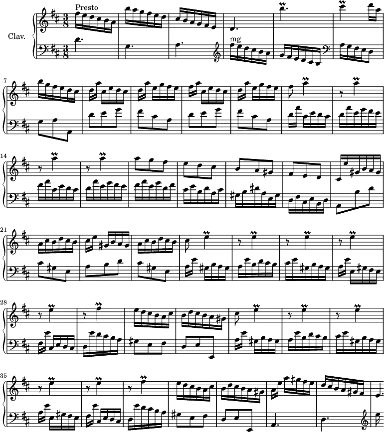 
\version "2.18.2"
\header {
  tagline = ##f
  % composer = "Domenico Scarlatti"
  % opus = "K. 416"
  % meter = "Presto"
}

%% les petites notes
trillE       = { \tag #'print { e4\prall } \tag #'midi { fis32 e fis e~ e8 } }
trillCis     = { \tag #'print { cis4\prall } \tag #'midi { d32 cis d cis~ cis8 } }
trillA       = { \tag #'print { a4\prall } \tag #'midi { b32 a b a~ a8 } }
trillFis     = { \tag #'print { fis4\prall } \tag #'midi { g32 fis g fis~ fis8 } }
trillBpUpUp  = { \tag #'print { b''4.\prall } \tag #'midi { cis32 b cis b~ b4 } }

upper = \relative c'' {
  \clef treble 
  \key d \major
  \time 3/8
  \tempo 4. = 82

      s8*0^\markup{Presto}
      fis16 e d cis b a  | b' a g fis e d | cis b a g fis e | d4. \trillBpUpUp | \trillCis d16 a |
      % ms. 7
      b16 g fis e d cis | d[ a'] cis, e d cis | d[ a'] e g fis e  | fis[ a] cis, e d cis | d[ a'] e g fis e | fis8 \trillA
      % ms. 13
      \repeat unfold 3 { r8 \trillA } | a8 g fis | e d cis | b a gis |
      % ms. 19
      fis8 e d | cis16 e' gis, b a gis | a cis b d cis b | cis[ e] gis, b a gis | a cis b d cis b | cis8 \trillE 
      % ms. 25
      \repeat unfold 4 { r8 \trillE } | r8 \trillFis | e16 d cis b a cis | 
      % ms. 31
      b16 d cis b a gis | cis8 \trillE | \repeat unfold 4 { r8 \trillE } |
      % ms. 37
      r8 \trillFis | e16 d cis b a cis | b d cis b a gis | a[ e'] a gis fis e | d cis b a gis fis e4.*1/4 |

}

lower = \relative c' {
  \clef bass
  \key d \major
  \time 3/8

    % ************************************** \appoggiatura a16  \repeat unfold 2 {  } \times 2/3 { }   \omit TupletNumber 
      d4. g, a |   \clef treble fis''16^\markup{mg} e d cis b a | g fis e d cis b   \clef bass a g fis e d8 |
      % ms. 7
      g8 a a, | \repeat unfold 2 { d' e g | fis cis a } | d16[ a'] cis, e d cis |
      % ms. 13
      d16 a' e g fis e  | fis a cis, e d cis | d16 a' e g fis e | fis a e g d fis | cis e b d a cis | gis b dis a e gis |
      % ms. 19
      d16 fis cis e b d | a8 b' d | cis gis e | a b d | cis gis e | \repeat unfold 2 { a16[ e'] gis, b a gis |
      % ms. 25
      a16 e' b d cis b | cis e gis, b a gis | a[ e'] e, gis fis e  | fis[ e'] cis, e d cis | d e' d cis b a | gis8 e fis |
      % ms. 31
      d8 e e, }
      % ms. 40
      a4. d \clef treble e''16

}

thePianoStaff = \new PianoStaff <<
    \set PianoStaff.instrumentName = #"Clav."
    \new Staff = "upper" \upper
    \new Staff = "lower" \lower
  >>

\score {
  \keepWithTag #'print \thePianoStaff
  \layout {
      #(layout-set-staff-size 17)
    \context {
      \Score
     \override TupletBracket.bracket-visibility = ##f
     \override SpacingSpanner.common-shortest-duration = #(ly:make-moment 1/2)
      \remove "Metronome_mark_engraver"
    }
  }
}

\score {
  \keepWithTag #'midi \thePianoStaff
  \midi { \set Staff.midiInstrument = #"harpsichord" }
}
