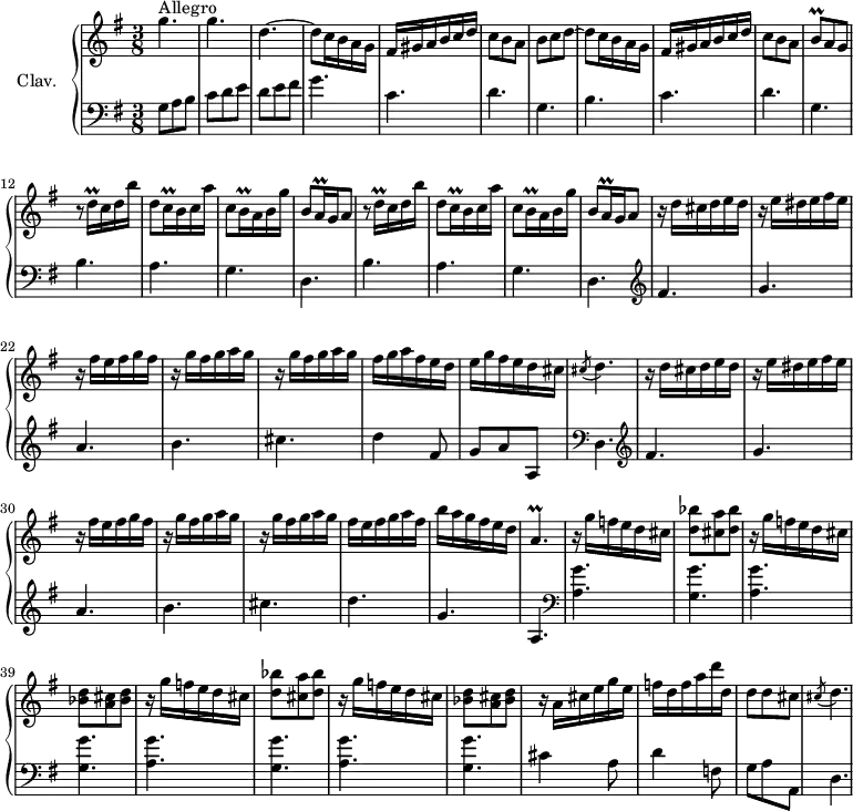 
\version "2.18.2"
\header {
  tagline = ##f
  % composer = "Domenico Scarlatti"
  % opus = "K. 290"
  % meter = "Allegro"
}

%% les petites notes
trillBp       = { \tag #'print { b8\prall } \tag #'midi { c32 b c b } }
trillDqqUp    = { \tag #'print { d'16\prall } \tag #'midi { \times 2/3 { d32 e d } } }
trillCqq      = { \tag #'print { c16\prall } \tag #'midi { \times 2/3 { c32 d c } } }
trillBqq      = { \tag #'print { b16\prall } \tag #'midi { \times 2/3 { b32 c b } } }
trillAqq      = { \tag #'print { a16\prall } \tag #'midi { \times 2/3 { a32 b a } } }
appoDp        = { \tag #'print { \acciaccatura cis8 d4. } \tag #'midi { cis4   \tempo 4. = 30 d8   \tempo 4. = 82 } }
trillAp       = { \tag #'print { a4.\prall } \tag #'midi { b32 a b a~ \tempo 4. = 30 a4 \tempo 4. = 82 } }


upper = \relative c'' {
  \clef treble 
  \key g \major
  \time 3/8
  \tempo 4. = 82
  \set Staff.midiInstrument = #"harpsichord"
  \override TupletBracket.bracket-visibility = ##f

      s8*0^\markup{Allegro}
      g'4. g d4.~ | d8 c16 b a g | fis gis a b c d | c8 b a | b c d~ |
      % ms. 8
      d8 c16 b a g | fis gis a b c d | c8 b a | \trillBp a8 g | \repeat unfold 2 { r8 \trillDqqUp c16 d b' | d,8 \trillCqq b16 c a' | c,8 \trillBqq a16 b g' |
      % ms. 15
      b,8 \trillAqq g16 a8 } |    r16 d16 cis d e d | r16 e dis e fis e |
      % ms. 22
      r16 fis16 e fis g fis | \repeat unfold 2 { r16 g16 fis g a g } | fis g a fis e d | e g fis e d cis | \appoDp |
      % ms. 28
      r16 d16 cis d e d | r16 e dis e fis e | r16 fis16 e fis g fis | \repeat unfold 2 { r16 g16 fis g a g } | fis16 e fis g a fis b a g fis e d  | \trillAp |
      % ms. 36
      \repeat unfold 2 { r16 g'16 f e d cis | < d bes' >8 < cis a' > < d bes' > | r16 g16 f e d cis | < bes d >8 < a cis > < bes d > }
      % ms. 44
      r16 a16 cis e g e | f d f a d d, | d8 d cis | \appoDp |

}

lower = \relative c' {
  \clef bass
  \key g \major
  \time 3/8
  \set Staff.midiInstrument = #"harpsichord"
  \override TupletBracket.bracket-visibility = ##f

    % ************************************** \appoggiatura a16  \repeat unfold 2 {  } \times 2/3 { }   \omit TupletNumber 
      g8 a b | c d e | d e fis | g4. | \repeat unfold 2 { c,4. | d4. | g,4. | b4. }
      % ms. 13
      a4. g
      % ms. 15
      d4. b' a g d    \clef treble  fis' g |
      % ms. 22
      a4. b cis d4 fis,8 g a a,   \clef bass d,4. |  \clef treble fis'4.
      % ms. 29
      g4. a b cis d g, a, | \clef bass
      % ms. 36
      \repeat unfold 4 { < a g' >4. < g g' > }
      % ms. 44
      cis4 a8 | d4 f,8 | g a a, | d4. 

}

thePianoStaff = \new PianoStaff <<
    \set PianoStaff.instrumentName = #"Clav."
    \new Staff = "upper" \upper
    \new Staff = "lower" \lower
  >>

\score {
  \keepWithTag #'print \thePianoStaff
  \layout {
      #(layout-set-staff-size 17)
    \context {
      \Score
     \override SpacingSpanner.common-shortest-duration = #(ly:make-moment 1/2)
      \remove "Metronome_mark_engraver"
    }
  }
}

\score {
  \keepWithTag #'midi \thePianoStaff
  \midi { }
}
