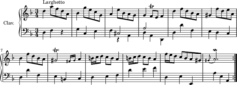 
\version "2.18.2"
\header { 
  tagline = ##f
}

%% les petites notes
trillFq   = { \tag #'print { f8\trill } \tag #'midi { g32 f g f } }
trillGetGrace   = { \tag #'print { gis2-\parenthesize\trill \grace { fis16 gis } a4 } \tag #'midi { a32 gis a gis a gis~ gis16~ gis8.  fis32 gis a4 } }
trillGisAppo   = { \tag #'print { \appoggiatura gis8 a2.\mordent } \tag #'midi { gis2 a32 gis a16~   \tempo 4 = 25 a8   \tempo 4 = 80 } }

upper = \relative c'' {
  \clef treble 
  \key d \minor
  \time 3/4
  \tempo 4 = 80
  \set Staff.midiInstrument = #"harpsichord"

  \repeat volta 2 {
      s8*0^\markup{Larghetto} d4 a'8 f d a | bes4 g'8 e c g | a4 e'8 bes a g | g4 \trillFq e8  \tempo 4 = 45 f4 |   \tempo 4 = 80 d'4 f8 d bes a |
      % ms. 6
      gis4 f'8 d e a, | bes4 f'8 d bes a | \trillGetGrace | \repeat unfold 2 { b16 c d8 c8 b a4 } |
      % ms. 11
      f'16 e d8 c bes a gis | \trillGisAppo }%répet

}

lower = \relative c {
  \clef bass
  \key d \minor
  \time 3/4
  \set Staff.midiInstrument = #"harpsichord"

  \repeat volta 2 {
    % **************************************
      d4 f r4 | g c, e | f << { cis2 | a' } \\ { r4 a, | d a d, } >> d' d' f, |
      % ms. 6
      e4 d c | d d' f, | e b c | d e f | d' e f |
      % ms. 11
      d,4 e e, | a' e a, }% faire la seconde partie !

}

thePianoStaff = \new PianoStaff <<
    \set PianoStaff.instrumentName = #"Clav."
    \new Staff = "upper" \upper
    \new Staff = "lower" \lower
  >>

\score {
  \keepWithTag #'print \thePianoStaff
  \layout {
      #(layout-set-staff-size 17)
    \context {
      \Score
     \override SpacingSpanner.common-shortest-duration = #(ly:make-moment 1/2)
      \remove "Metronome_mark_engraver"
    }
  }
}

\score {
  \unfoldRepeats
  \keepWithTag #'midi \thePianoStaff
  \midi { }
}
