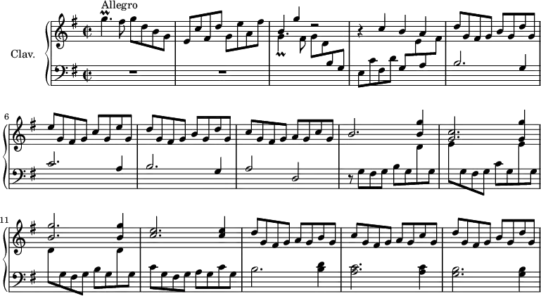 
\version "2.18.2"
\header {
  tagline = ##f
  % composer = "Domenico Scarlatti"
  % opus = "K. 314"
  % meter = "Allegro"
}

%% les petites notes
trillGpUp        = { \tag #'print { g'4.\prall } \tag #'midi { a32 g a g~ g4 } }
trillGpUpPrallD  = { \tag #'print { g'4._\prall } \tag #'midi { a32 g a g~ g4 } }

upper = \relative c'' {
  \clef treble 
  \key g \major
  \time 2/2
  \tempo 2 = 82
  \set Staff.midiInstrument = #"harpsichord"
  \override TupletBracket.bracket-visibility = ##f

      s8*0^\markup{Allegro}
      \trillGpUp fis8 g8 d b g | e c' fis, d' g, e' a, fis' | \stemUp b,4 g' r2 |
      % ms. 4
      r4 c,4 b a | d8 g, fis g b g d' g, | e' g, fis g c g e' g, | d'8 g, fis g b g d' g, |
      % ms. 8
      c8 g fis g a g c g | b2. < b g' >4 | < c g >2. < g g' >4 | < b g' >2. q4 |
      % ms. 12
      < c e >2. q4 | d8 g, fis g a g b g | c g fis g a g c g | d' g, fis g b g d' g, |
      % ms. 16
      

}

lower = \relative c' {
  \clef bass
  \key g \major
  \time 2/2
  \set Staff.midiInstrument = #"harpsichord"
  \override TupletBracket.bracket-visibility = ##f

    % ************************************** \appoggiatura a16  \repeat unfold 2 {  } \times 2/3 { }   \omit TupletNumber 
      R1*2 | \stemDown \change Staff = "upper"  \trillGpUpPrallD fis8 g8 d \stemUp \change Staff = "lower"  b g |  \stemNeutral
      % ms. 4
      e8 c' fis, d' g, \stemDown \change Staff = "upper" e' \stemUp \change Staff = "lower" a, \stemDown \change Staff = "upper" fis' | \stemUp \change Staff = "lower" b,2. g4 | c2. a4 | b2. g4 |
      % ms. 8
      a2 d, | r8  \stemNeutral g fis g b g \stemDown \change Staff = "upper" d' \change Staff = "lower" g, | \stemDown \change Staff = "upper" e' \change Staff = "lower" g, fis g c g \change Staff = "upper" e' \change Staff = "lower" g, | \change Staff = "upper" d'8 \change Staff = "lower" g, fis g b g \change Staff = "upper" d' \change Staff = "lower" g, |
      % ms. 12
      c8 g fis g a g c g | b2. < b d >4 | < a c >2. q4 | < g b >2. q4 |
      % ms. 16
      
      % ms. x
      

}

thePianoStaff = \new PianoStaff <<
    \set PianoStaff.instrumentName = #"Clav."
    \new Staff = "upper" \upper
    \new Staff = "lower" \lower
  >>

\score {
  \keepWithTag #'print \thePianoStaff
  \layout {
      #(layout-set-staff-size 17)
    \context {
      \Score
     \override SpacingSpanner.common-shortest-duration = #(ly:make-moment 1/2)
      \remove "Metronome_mark_engraver"
    }
  }
}

\score {
  \keepWithTag #'midi \thePianoStaff
  \midi { }
}
