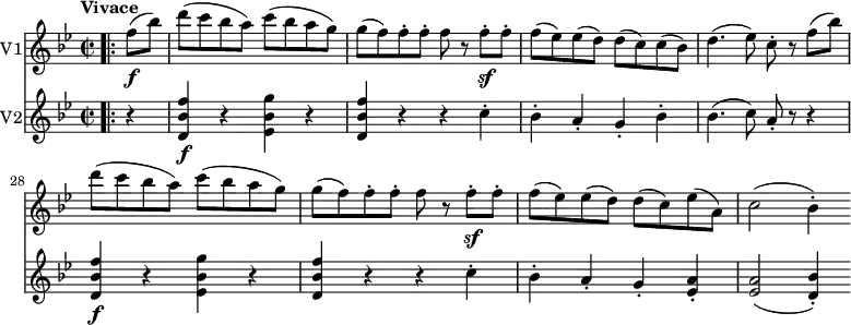 
 \version "2.18.2"
<<
  \new Staff \with { instrumentName = #"V1"}
\relative c'' {
  \key bes \major
  \time 2/2
  \tempo "Vivace"
  \tempo 4 = 200
  \set Score.currentBarNumber = #24

 \bar ".|:"
 \partial 4 f8 \f (bes) d (c bes a) c (bes a g)
  g (f) f-. f-. f r f-.\sf f-.
  f (ees) ees (d) d (c) c (bes)
  d4. (ees8) c-. r f (bes) d (c bes a) c (bes a g)
  g (f) f-. f-. f r f-.\sf f-.
  f (ees) ees (d) d (c) ees (a,)
  c2 (bes4-.)
}

\new Staff \with { instrumentName = #"V2"}
\relative c' {
  \key bes \major
  \time 2/2

   \bar ".|:"
   \partial 4 r4
   <d bes' f'>4\f r <ees bes' g'> r
   <d bes' f'> r r c'-.
   bes-. a-. g-. bes-.
   bes4. (c8) a-. r r4
  <d, bes' f'>4\f r <ees bes' g'> r
   <d bes' f'> r r c'-. 
   bes-. a-. g-. <ees a>-.
   <ees a>2 (<d bes'>4-.)
}
>>
