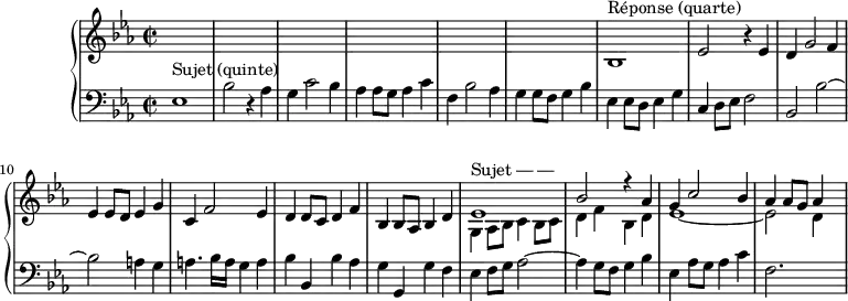 
\version "2.14.2"
\header {
  tagline = ##f
}

upper = \relative c' {
  \clef treble 
  \key ees \major
  \time 2/2
  \tempo 2 = 78
  \set Staff.midiInstrument = #"harpsichord"

    s1*6
    bes1^\markup{Réponse (quarte)  } ees2 r4 ees4 | d g2 f4 ees ees8 d ees4 g | c, f2 ees4 d d8 c d4 f bes, bes8 aes bes4 d
    << { ees1^\markup{Sujet — — } bes'2 r4 aes4 g c2 bes4 aes aes8 g aes4 } \\ { g,4 aes8 bes c4 bes8 c d4 f bes, d ees1~ ees2 d4 s4 } >>

}

lower = \relative c {
  \clef bass
  \key ees \major
  \time 2/2
  \set Staff.midiInstrument = #"harpsichord"

    ees1^\markup{Sujet (quinte) } bes'2 r4 aes g c2 bes4 aes aes8 g aes4 c f, bes2 aes4 g g8 f g4 bes
    ees,4 ees8 d ees4 g 
    c,4 d8 ees f2 bes, bes'~ bes a!4 g a4. bes16 a g4 a bes bes, bes' aes g g, g' f 
    ees f8 g aes2~ aes4 g8 f g4 bes ees, aes8 g aes4 c f,2. s4

}

\score {
  \new PianoStaff <<
    % \set PianoStaff.instrumentName = #""
    \new Staff = "upper" \upper
    \new Staff = "lower" \lower
  >>
  \layout {
    \context {
      \Score
      \override SpacingSpanner.common-shortest-duration = #(ly:make-moment 1/2) % marche pas !
      \remove "Metronome_mark_engraver"
    }
  }
  \midi { }
}
