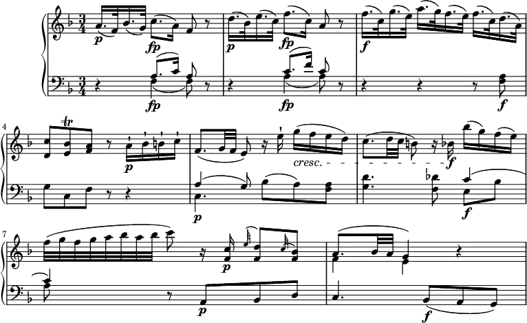 
\version "2.18.2"
\header {
  tagline = ##f
}
upper = \relative c'' {
         \clef "treble" 
         \tempo "Andante un poco afagio"
         \key f \major
         \time 3/4 
         \tempo 4 = 50
       a16.\p (f32) bes16. (g32) c8.\fp (a16) f8 r
       d'16.\p (bes32) e16. (c32) f8.\fp (c16) a8 r
       f'16.\f (c32)  g'16. (e32)  a16. (g32)  f16. (e32) f16. (c32) d16. (a32)
       <d, c'>8 <e bes'>\trill <f a> r a16-!\p bes-! b-! c-!
       f,8. (g32 f e8) r16 e'-! g\cresc (f e d)
       c8. (d32 c b8) r16 bes!\f bes' (g) f (e)
       f32 (g f g a bes a bes c8) r16 <f,, c'> \p  \grace e'32 ^(<f, d'>8) \grace c'32 ^(<f, bes>8)
       <<{a8. (bes32 a g4) } \\ {f e}>> r4
}

lower =\relative c' {      
         \clef "bass" 
         \key f \major
         \time 3/4 
\set Staff.midiMinimumVolume = #0.2 
\set Staff.midiMaximumVolume = #0.4
        r4 <<{a8. (c16) a8} \\ {f4\fp (f8)}>> r8
        r4 <<{c'8. (f16) c8} \\ {a4\fp (a8)}>> r8
        r4 r r8 <f a>\f
        g c, f r r4
        <<{a4 (g8)} \\ {c,4.\p}>> bes'8 (a) <f a>
        <g d'>4. <f des'>8 <<{c'4 (c) } \\ {e,8\f bes' a}>> 
         r8 a,\p bes d
         c4. bes8\f (a g)
} 

\score {
  \new PianoStaff <<
    
    \new Staff = "upper" \upper
    \new Staff = "lower" \lower
  >>
  \layout {
    \context {
      \Score
      \remove "Metronome_mark_engraver"
    }
  }
  \midi { }
}

