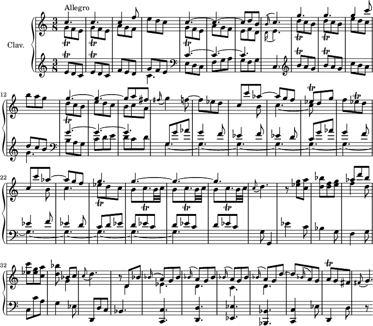 
\version "2.18.2"
\header {
  tagline = ##f
  % composer = "Domenico Scarlatti"
  % opus = "K. 133"
  % meter = "Allegro"
}

%% les petites notes
trillGq       = { \tag #'print { g8\trill } \tag #'midi { a32 g a g } }
trillGqDown   = { \tag #'print { g,8\trill } \tag #'midi { a32 g a g } }
trillDqDown   = { \tag #'print { d,8\trill } \tag #'midi { e32 d e d } }
trillDq       = { \tag #'print { d8\trill } \tag #'midi { e32 d e d } }
trillEesq     = { \tag #'print { ees8\trill } \tag #'midi { f32 ees f ees } }
trillCqp      = { \tag #'print { c8.\trill } \tag #'midi { d32 c d c~ c16 } }
appoDp        = { \tag #'print { \appoggiatura c8 d4. } \tag #'midi { c8   \tempo 4. = 60 d4   \tempo 4. = 94 } }
appG          = { \tag #'print { \appoggiatura fis'16 g4 } \tag #'midi { fis8   \tempo 4. = 50 g8   \tempo 4. = 94 } }
appoEp        = { \tag #'print { \appoggiatura d16 e4. } \tag #'midi { d8   \tempo 4. = 70 e4   \tempo 4. = 94 } }
appoCp        = { \tag #'print { \appoggiatura b16 c4. } \tag #'midi { b8   \tempo 4. = 70 c4   \tempo 4. = 94 } }
trillBqUpUp   = { \tag #'print { b''8\trill } \tag #'midi { c32 b c b } }
trillEq       = { \tag #'print { e8\trill } \tag #'midi { f32 e f e } }
trillAq       = { \tag #'print { a8\trill } \tag #'midi { bes32 a bes a } }

upper = \relative c'' {
  \clef treble 
  \key c \major
  \time 3/8
  \tempo 4. = 94
  \set Staff.midiInstrument = #"harpsichord"
  \override TupletBracket.bracket-visibility = ##f

      s8*0^\markup{Allegro}
      << { c4. c c4 f8 } 
      \\ { \repeat unfold 2 { \trillGqDown f e } a8 g f } >> | e'8 d   \tempo 4. = 70 c |   \tempo 4. = 94 << { c4.~ c~ c8 d b | \appoCp  } \\ { \trillGq f8 e | a g f | e f d | \appoEp } >>
      % ms. 9
      << { g'4. g g4 c8 } 
      \\ { \repeat unfold 2 { \trillDqDown c8 b } e8 d c } >> | b'8 a   \tempo 4. = 70 g   \tempo 4. = 94 | 
      << { g4.~ g~ g8 a fis } 
      \\ { \trillDq c8 b | e8 d c | b c a } >> 
      % ms. 16
      \appG f8~ | f ees d | << { c8 c' aes~ | aes g f | \trillEesq d8 g } \\ { s4 b,8 | c4.~ | c8 } >>
      % ms. 21
      f8 \trillEesq d8 | << { c8 c' aes~ | aes g f | g4. | g4.~ g~ g } \\ { s4 b,8 | c4.~ | \trillEesq d8 c | \repeat unfold 3 { b8 \trillCqp b32 c } } >>
      % ms. 28
      \appoDp | r8 < ees g >8 < c a' > | < d bes' > < d f > < e g > | << { aes8 d b } \\ { f4 d8 } >> | < ees c' >8 < ees g > < c a' > | < d bes' > << { bes8 c } \\ { g4 } >> | \appoDp |
      % ms. 35
      r8  
      << { d,8 bes' | \repeat unfold 3 { \appoggiatura bes16 a8 g bes } | \appoggiatura bes16 a8 g d'~ | d8 \appoggiatura bes16 a8 g | \trillAq g fis } 
      \\ { d4 | ees4. d c d } >> |
      % ms. 42
      \appoggiatura fis8 g4.*1/4 |

}

lower = \relative c' {
  \clef bass
  \key c \major
  \time 3/8
  \set Staff.midiInstrument = #"harpsichord"
  \override TupletBracket.bracket-visibility = ##f

    % ************************************** \appoggiatura a8  \repeat unfold 2 {  } \times 2/3 { }   \omit TupletNumber 
        \clef treble \repeat unfold 2 { \trillEq d8 c } | f e d | << { g8 f e } \\ { c4. } >> |   \clef bass << { c4.~ c~ c } \\ { e,8 d c | f g a | g f g } >>
      % ms. 8
      c,4. \clef treble \repeat unfold 2 { \trillBqUpUp a8 g } | c8 b a | << { d8 c b } \\ { g4. } >> | \clef bass << { g4.~ g~ g } \\ { b,8 a g | c d e | d c d } >>
      % ms. 16
      << { \mergeDifferentlyDottedOn g,8 \repeat unfold 2 { g'8 aes | g4 f8 | ees4 f8 | ees4 d8 | c } d8 ees | \repeat unfold 3 { d ees c } } 
      \\ { \repeat unfold 11 { g4.~ }  } >> 
      % ms. 21
      g8 g,4 | ees''4 c8 | bes4 g8 | f4 g8 | c,8 c' a | g4 ees8 | d,8 d' c |
      % ms. 35
      bes4. | < c, c' >4. < d d' > < ees ees' > < bes bes' > < c c' >4 ees'8 | d,4 d'8 | 
      % ms. 42
      r8

}

thePianoStaff = \new PianoStaff <<
    \set PianoStaff.instrumentName = #"Clav."
    \new Staff = "upper" \upper
    \new Staff = "lower" \lower
  >>

\score {
  \keepWithTag #'print \thePianoStaff
  \layout {
      #(layout-set-staff-size 17)
    \context {
      \Score
     \override SpacingSpanner.common-shortest-duration = #(ly:make-moment 1/2)
      \remove "Metronome_mark_engraver"
    }
  }
}

\score {
  \keepWithTag #'midi \thePianoStaff
  \midi { }
}
