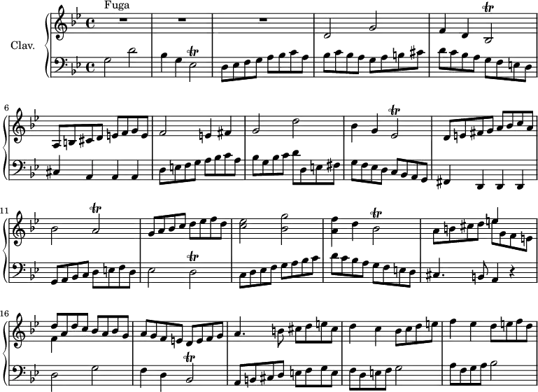 
\version "2.18.2"
\header {
  tagline = ##f
}

%% les petites notes
trillEes     = { \tag #'print { ees2\trill } \tag #'midi { \times 2/3 { f16 ees f ees f ees~ } ees8~ ees } }
trillBes     = { \tag #'print { bes2\trill } \tag #'midi { \times 2/3 { c16 bes c bes c bes~ } bes8~ bes } }
trillA       = { \tag #'print { a2\trill } \tag #'midi { \times 2/3 { bes16 a bes a bes a~ } a8~ a } }
trillD       = { \tag #'print { d2\trill } \tag #'midi { \times 2/3 { ees16 d ees d ees d~ } d8~ d } }

dux     = { g2 d' bes4 g \trillEes d8 ees f g a bes c a  }
duxb    = { g2 d' bes4 g \trillEes d8 e fis g a bes c a  }
comes   = { d2 g f4 d \trillBes a8 b cis d e f g e  }

upper = \relative c' {
  \clef treble 
  \key g \minor
  \time 4/4
  \tempo 4 = 145
  \set Staff.midiInstrument = #"harpsichord"

    s8*0^\markup{Fuga}
    R1*3 | \comes f2 e4 fis | \duxb | bes2 \trillA | g8 a bes c d ees f d |
    % ms. 13
    < c ees >2 < bes g' > | < a f' >4 d \trillBes a8 b cis d << { e4 s4 | d8 a d c bes a bes g } \\ { e'8 g, f e | f4 } >>
    % ms. 17
    a8 g f e d e f g | a4. b8 cis d e cis  | d4 c bes8 c d e | f4 ees d8 e f d |
    % ms. 21

}

lower = \relative c' {
  \clef bass
  \key g \minor
  \time 4/4
  \set Staff.midiInstrument = #"harpsichord"

    % **************************************
     \dux bes8 c bes a g a b cis | d c bes a g f e d | cis4 a a a | d8 e f g a bes c a | bes g bes c d d, e fis |
     % ms. 9
     g8 f ees d c bes a g | fis4 d d d | g8 a bes c d e f d | ees2 \trillD |
     % ms. 13
     c8 d ees f g a bes c | d c bes a g f e d | cis4. b8 a4 r4 | \comes f8 d e f g2 | a8 f g a bes2 |
     % ms. 21
     

} 

thePianoStaff = \new PianoStaff <<
    \set PianoStaff.instrumentName = #"Clav."
    \new Staff = "upper" \upper
    \new Staff = "lower" \lower
  >>

\score {
  \keepWithTag #'print \thePianoStaff
  \layout {
      #(layout-set-staff-size 17)
    \context {
      \Score
     \override SpacingSpanner.common-shortest-duration = #(ly:make-moment 1/2)
      \remove "Metronome_mark_engraver"
    }
  }
}

\score {
  \keepWithTag #'midi \thePianoStaff
  \midi { }
}
