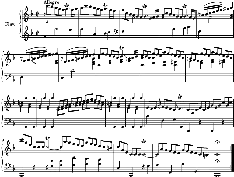 
\version "2.18.2"
\header {
  tagline = ##f
  % composer = "Domenico Scarlatti"
  % opus = "K. 106"
  % meter = "Allegro"
}

%% les petites notes
trillGp      = { \tag #'print { g4.\trill } \tag #'midi { a32 g a g~ g4 } }
trillDp      = { \tag #'print { d4.\trill } \tag #'midi { e32 d e d~ d4 } }
trillCb      = { \tag #'print { c2\trill~ } \tag #'midi { d32 c d c~ c8~ c4~ } }

upper = \relative c'' {
  \clef treble 
  \key f \major
  \time 2/2
  \tempo 2 = 62
  \set Staff.midiInstrument = #"harpsichord"
  \override TupletBracket.bracket-visibility = ##f

  \repeat volta 2 {
      s8*0^\markup{Allegro}
      \times 2/3 { r8 c'8 bes }  \omit TupletNumber \times 2/3 { a[ g f] } | \trillGp  f16 g | \times 2/3 { a8 c bes } \times 2/3 { a[ g f] } \trillGp f16 e  | \times 2/3 { f8 c bes } \times 2/3 { a[ g f] } \trillGp  f16 g \stemUp |
      % ms. 4
      \times 2/3 { a8 c bes } \times 2/3 { a[ g f] } \trillGp f16 e  | r8 a16[^( bes c d e f]) gis4 a | r8 g,16[^( a b c d e]) fis4 g | 
      % ms. 7
      r8 f,16[^( g a b c d]) e4 f | \times 2/3 { e8[ g f] } \times 2/3 { e8 d c } \trillDp c16 d | \times 2/3 { e8[ d c] } \times 2/3 { g'8 f e } \times 2/3 { a8[ g f] } \times 2/3 { e8 d c }
      % ms. 10
      \times 2/3 { b8[ a g] } \times 2/3 { g'8 f e } \times 2/3 { a8[ g f] } \times 2/3 { e8 d c } | b4 g' a, g' | g, g' f, g' | \times 2/3 { e,8[ f g] } \times 2/3 { a8 b c } \times 2/3 { d8[ e f] } \times 2/3 { e8 d c }
      % ms. 14
      b4 g' a, g' | g, g' f, g' | \times 2/3 { e,8[ d e] } \appoggiatura g32 \times 2/3 { f8[ e d] } c8 \trillDp | \times 2/3 { c8[ g c] } \times 2/3 { e8 c e } \times 2/3 { g8[ e g] } \times 2/3 { c8 g c }
      % ms. 18
      \times 2/3 { c'8[ g e] } \times 2/3 { c8 c c } \trillCb | \times 2/3 { c8[ a' g] } \times 2/3 { f8 e d } \times 2/3 { g8[ f e] } \times 2/3 { d8 c b } \times 2/3 { c8[ g e] } \times 2/3 { c8 c c } \trillCb |
      % ms. 21
      \times 2/3 { c8[ a' g] } \times 2/3 { f8 e d } \times 2/3 { g8[ f e] } \times 2/3 { d8 c b } | c1\fermata }%reprise

}

lower = \relative c' {
  \clef bass
  \key f \major
  \time 2/2
  \set Staff.midiInstrument = #"harpsichord"
  \override TupletBracket.bracket-visibility = ##f
  \omit TupletNumber 

  \repeat volta 2 {
    % ************************************** \appoggiatura a16  \repeat unfold 2 {  } \times 2/3 { }   \omit TupletNumber 
        \clef treble f4 f'2 e4 | f a, bes c |   \clef bass f,, \stemDown \change Staff = "upper" f'2 e4 |
      % ms. 4
      f4 \stemNeutral \change Staff = "lower"  a, bes c | f, \stemDown \change Staff = "upper" f'2 < f a >4 | \stemNeutral \change Staff = "lower" e,  \stemDown \change Staff = "upper" e'2  < e g >4 \stemNeutral \change Staff = "lower" |
      % ms. 7
      d,4 d'2 \stemDown \change Staff = "upper"  < d f b >4 | < c c' > < e g > < f a > < g b > | < c, c' > < e c' > < f c > < fis c > |
      % ms. 10
      g4 < e g >4 < f a > < fis a > g4 | \stemNeutral \change Staff = "lower" g,, \stemDown \change Staff = "upper" f'' \stemNeutral \change Staff = "lower" g,, \stemDown \change Staff = "upper" e'' \stemNeutral \change Staff = "lower" g,, \stemDown \change Staff = "upper" d'' \stemNeutral \change Staff = "lower" g,, | \stemDown \change Staff = "upper"  \times 2/3 { c'8[ d e] } \times 2/3 { f8[ g a] } \times 2/3 { b8[ c d] } \times 2/3 { c8[ b a] }
      % ms. 14
      g4 \stemNeutral \change Staff = "lower" g,,4 \stemDown \change Staff = "upper" f'' \stemNeutral \change Staff = "lower" g,, \stemDown \change Staff = "upper" e'' \stemNeutral \change Staff = "lower" g,, \stemDown \change Staff = "upper" d'' \stemNeutral \change Staff = "lower" g,, | c'4 f, g g, | c, r4 c r4 | c4 r4 r4  < e' c' >4 | < f c' > < f f' > < g e' > < g d' > | c, c, r4 e'4 |
       % ms. 21
       f4 f, g' g, c,1\fermata }%reprise
}

thePianoStaff = \new PianoStaff <<
    \set PianoStaff.instrumentName = #"Clav."
    \new Staff = "upper" \upper
    \new Staff = "lower" \lower
  >>

\score {
  \keepWithTag #'print \thePianoStaff
  \layout {
      #(layout-set-staff-size 17)
    \context {
      \Score
     \override SpacingSpanner.common-shortest-duration = #(ly:make-moment 1/2)
      \remove "Metronome_mark_engraver"
    }
  }
}

\score {
  \unfoldRepeats
  \keepWithTag #'midi \thePianoStaff
  \midi { }
}

