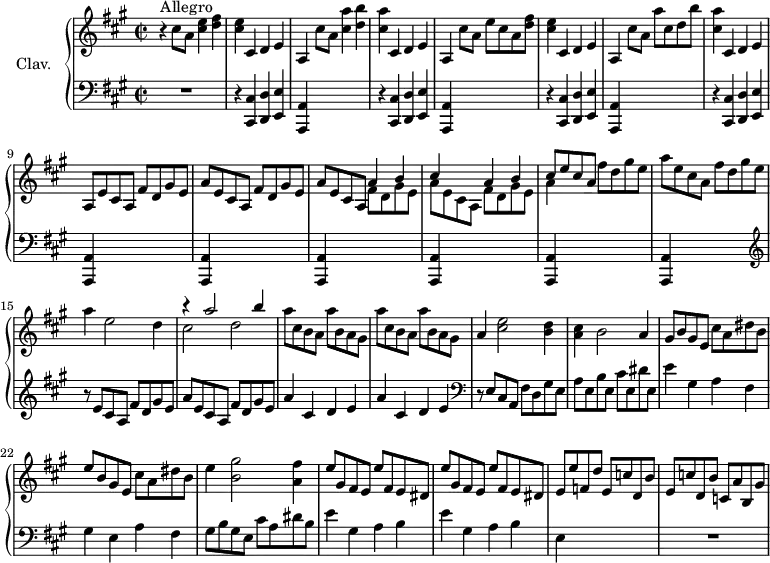 
\version "2.18.2"
\header {
  tagline = ##f
}

upper = \relative c'' {
  \clef treble 
  \key a \major
  \time 2/2
  \tempo 2 = 98
  \set Staff.midiInstrument = #"harpsichord"

     r4^\markup{Allegro} cis8 a < cis e >4 < d fis > | < cis e > cis, d e | a, cis'8 a < cis a' >4 < d b' > | < cis a' > cis, d e | a, cis'8 a e' cis a < d fis >
     % ms. 6
     < cis e >4 cis, d e | a, cis'8 a a' cis, d b' | < cis, a' >4 cis, d e | a,8 e' cis a  fis' d gis e | a e cis a  fis' d gis e |
     % ms. 11
     a8 e cis a << { a'4 b | cis s4 a b | cis8 e cis a } \\ { fis8 d gis e |  a e cis a fis' d gis e | a4 } >> fis'8 d gis e | a e cis a  fis' d gis e | 
     % ms. 15
     a4 e2 d4 | << { r4 a'2 b4 } \\ { cis,2 d } >> \repeat unfold 2 { a'8 cis, b a  a' b, a gis } |
     % ms. 19
     a4 < cis e >2 < b d >4 | < a cis >4 b2 a4 | gis8 b gis e  cis' a dis b | e b gis e  cis' a dis b | 
     % ms. 23
     e4 < b gis' >2 < a fis' >4 | \repeat unfold 2 { e'8 gis, fis e  e' fis, e dis } e e' f, d' e, c' d, b' | 
     % ms. 27
     e, c' d, b' c, a' b, gis'

}

lower = \relative c {
  \clef bass
  \key a \major
  \time 2/2
  \set Staff.midiInstrument = #"harpsichord"

    % **************************************
      R1 | \repeat unfold 4 { r4 < cis, cis' >4 < d d' > < e e' > < a, a' > s2. } | \repeat unfold 5 { < a a' >4 s2. } | 
      % ms. 15
      \clef treble  r8 e'''8 cis a fis' d gis e | a e8 cis a fis' d gis e | \repeat unfold 2 { a4 cis, d e } | 
      % ms. 19
      \clef bass r8 e,8 cis a fis' d gis e | a e b' e, cis' e, dis' e, | e'4 gis, a fis | gis e a fis | 
      % ms. 23
      gis8 b gis e cis' a dis b | e4 gis, a b | e gis, a b | e, s2. | R1

}

thePianoStaff = \new PianoStaff <<
    \set PianoStaff.instrumentName = #"Clav."
    \new Staff = "upper" \upper
    \new Staff = "lower" \lower
  >>

\score {
  \keepWithTag #'print \thePianoStaff
  \layout {
      #(layout-set-staff-size 17)
    \context {
      \Score
     \override SpacingSpanner.common-shortest-duration = #(ly:make-moment 1/2)
      \remove "Metronome_mark_engraver"
    }
  }
}

\score {
  \keepWithTag #'midi \thePianoStaff
  \midi { }
}
