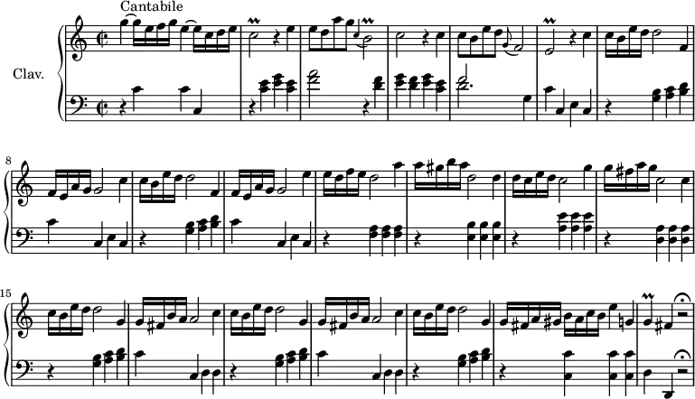 
\version "2.18.2"
\header {
  tagline = ##f
}

%% les petites notes
trillGbUp = { \tag #'print { g'2\prall } \tag #'midi { a32 g a g~ g8~ g4 } }
trillCb = { \tag #'print { c2\prall } \tag #'midi { d32 c d c~ c8~ c4 } }
trillBbAppo = { \tag #'print { \appoggiatura c,4 b2\prall } \tag #'midi { c16 d c32 d c d c d c b~ b8 } }
trillEb = { \tag #'print { e2\prall } \tag #'midi { f32 e f e~ e8~ e4 } }
trillFbAppo = { \tag #'print { \appoggiatura g,8 f2 } \tag #'midi { g4 f4 } }
trillG = { \tag #'print { g4\prall } \tag #'midi { a32 g a g~ g8 } }

upper = \relative c'' {
  \clef treble 
  \key c \major
  \time 2/2
  \tempo 2 = 52
  \set Staff.midiInstrument = #"harpsichord"
  \override TupletBracket.bracket-visibility = ##f

      s8*0^\markup{Cantabile}
      g'4~ g16 e f g e4~ e16 c d e  | \trillCb r4 | e4 | e8 d a' g \trillBbAppo |
      % ms. 4
      c2 r4 c4 | c8 b e d \trillFbAppo | \trillEb r4 \repeat unfold 2 { c'4 | c16 b e d d2 f,4 |
      % ms. 8
      f16 e a g g2 } e'4 | e16 d f e d2 | a'4 |
      % ms. 12
      a16 gis b a d,2 d4 | d16 c e d c2 g'4 | g16 fis a g c,2 c4 |
      % ms. 15
      \repeat unfold 2 { c16 b e d d2 g,4 | g16 fis b a a2 c4 } | c16 b e d d2 g,4 | g16[ fis a gis] b a c b e4 g, | \trillG fis r2\fermata

}

lower = \relative c' {
  \clef bass
  \key c \major
  \time 2/2
  \set Staff.midiInstrument = #"harpsichord"

    % **************************************
     r4 c4-\tweak stencil ##f \p c c, | r4 < c' e > < e g > < c e > | < f a >2 r4 < d f >4 | 
     % ms. 4
     < e g >4 < d f > < e g > < c e > | << { f2 } \\ { d2. g,4 } >> | c4 c, e c | \repeat unfold 2 { r4 < g' b >4 < a c > < b d > |
     % ms. 8
     c4 c, e c } | r4 < f a >4 q q | r4 < e b' > q q | r4 < a e' > q q | r4 < d, a' > q q |
     % ms. 15
     \repeat unfold 2 { r4 < g b >4 < a c > < b d > | c c, d d } |
     % ms. 19
     r4 < g b >4 < a c > < b d > | r4 < c, c' >4 q q | d   \tempo 2 = 30 d, r2\fermata

}

thePianoStaff = \new PianoStaff <<
    \set PianoStaff.instrumentName = #"Clav."
    \new Staff = "upper" \upper
    \new Staff = "lower" \lower
  >>

\score {
  \keepWithTag #'print \thePianoStaff
  \layout {
      #(layout-set-staff-size 17)
    \context {
      \Score
     \override SpacingSpanner.common-shortest-duration = #(ly:make-moment 1/2)
      \remove "Metronome_mark_engraver"
    }
  }
}

\score {
  \keepWithTag #'midi \thePianoStaff
  \midi {
        midiMinimumVolume = 0.2
        midiMaximumVolume = 0.3
 }
}
