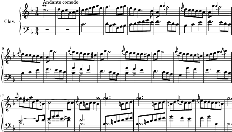 
\version "2.18.2"
\header {
  tagline = ##f
  % composer = "Domenico Scarlatti"
  % opus = "K. 437"
  % meter = "Allegro"
}

%% les petites notes
trillcbp     = { \tag #'print { c2.\prall } \tag #'midi { d32 c d c~ c8~ c2 } }
appoGF       = { \tag #'print { \appoggiatura g4 f2 } \tag #'midi { g8 f4. } }
trillB       = { \tag #'print { b4\prall } \tag #'midi { c32 b c b~ b8 } }

upper = \relative c'' {
  \clef treble 
  \key f \major
  \time 3/4
  \tempo 4 = 88
  \set Staff.midiInstrument = #"harpsichord"
  \override TupletBracket.bracket-visibility = ##f

      s8*0^\markup{Andante comodo}
      \trillcbp | d8 bes c g a bes | c d e f g e | f4. e8 f g | e d c4. bes8 |
      % ms. 6
      \repeat unfold 2 { a8 g' \appoGF | \appoggiatura e16 d8 c c bes bes a } | a8 g'  f2 |
      % ms. 11
      \repeat unfold 2 { \appoggiatura g16 f8 e e d d cis | d g f2 } | \appoggiatura f16 e8 d d c c b |
      % ms. 16 
      c8 d e f \acciaccatura f8 g4 | \appoggiatura a16 g8 fis a d, e b | c2~ c8 c | \appoggiatura d16 c8 b16 c c4 \trillB | 
      % ms. 20
      \repeat unfold 2 { << { g'2. } \\ { g4. b,8 c d  } >> } | b8 d \appoggiatura e16 d8 c c e | \appoggiatura f16 e8 d d c c b | g'2.*1/4
      % ms. 25
      

}

lower = \relative c' {
  \clef bass
  \key f \major
  \time 3/4
  \set Staff.midiInstrument = #"harpsichord"
  \override TupletBracket.bracket-visibility = ##f

    % ************************************** \appoggiatura a16  \repeat unfold 2 {  } \times 2/3 { }   \omit TupletNumber 
      R2.*2 | c2. | d8 bes c g a bes | c d e f g e |
      % ms. 6
      \repeat unfold 2 { f4. e8 d c | bes4 c e } | f4. e8 d c 
      % ms. 11
      \repeat unfold 2 { << { g'4 f e } \\ { bes4 a2 } >> d4. c8 bes a } | g4 g' f |
      % ms. 16
      e4. d8 c bes | << { c2~ c8 d | e g a e fis4 | d2. } \\ { a2. | a2 d4 | g,2. } >> |
      % ms. 20
      \repeat unfold 2 { << { g8 b c d e f } \\ { g,2. } >> } | g'4 f e | f g g, | g2.*1/4
      % ms. 25
      

}

thePianoStaff = \new PianoStaff <<
    \set PianoStaff.instrumentName = #"Clav."
    \new Staff = "upper" \upper
    \new Staff = "lower" \lower
  >>

\score {
  \keepWithTag #'print \thePianoStaff
  \layout {
      #(layout-set-staff-size 17)
    \context {
      \Score
     \override SpacingSpanner.common-shortest-duration = #(ly:make-moment 1/2)
      \remove "Metronome_mark_engraver"
    }
  }
}

\score {
  \keepWithTag #'midi \thePianoStaff
  \midi { }
}
