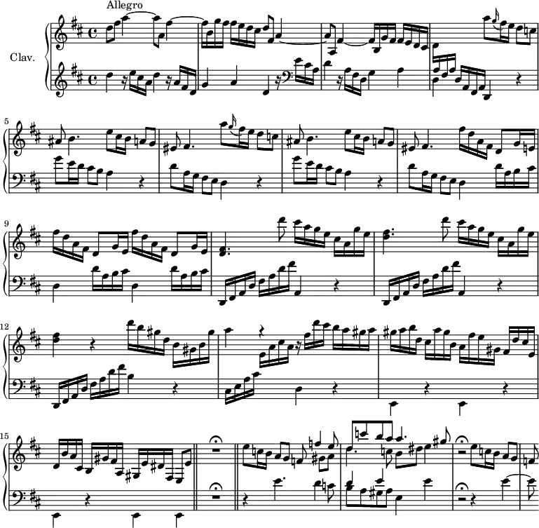 
\version "2.18.2"
\header {
  tagline = ##f
}

%% les petites notes
trillBesp     = { \tag #'print { bes4.\prall } \tag #'midi { c16 bes c bes c bes } }

upper = \relative c'' {
  \clef treble
  \key d \major
  \time 4/4
  \tempo 4 = 96
  \set Staff.midiInstrument = #"harpsichord"

      s8*0^\markup{Allegro}
      d8 fis a4~ a8 a, fis'4~ | fis16 b, g' fis fis e d cis d8 fis, a4~ | a8 a, fis'4~ fis16 b, g' fis fis e d cis |
      % ms. 4
      d16 \stemUp \change Staff = "lower" a fis a s4 \stemNeutral \change Staff = "upper" \repeat unfold 2 { a''8 \appoggiatura g16 fis16 e d8 c | ais8 b4. | e8  cis16 b a8 g | eis8 fis4. }
      % ms. 8 fin
      \repeat unfold 3 { fis'16 d a fis d8 g16 e } | 
      % ms. 10
      < d fis >4. d''8 cis16 a g e cis a g' e | < d fis >4. d'8 cis16 a g e cis a g' e | < d fis >4 r4 d'16 b gis d b gis b gis' |
      % ms. 13
      a4 g4\rest r16 fis d'cis b a gis a | gis a b d, cis a' gis b, a fis' e gis, fis d' cis e, | d b' a cis, b gis' fis a, gis e' dis   \tempo 4 = 82 fis, e8 e' \bar "||" R1\fermata \bar "||"
      % ms. 17
        \tempo 4 = 96 e'8 c16 b a8 g << { f8 f'4 e8 | d c' b a a4. gis8 } \\ { s4 gis,8 a | \mergeDifferentlyDottedOn d4. c8 b dis e4 } >>   \tempo 4 = 82 r2\fermata   \tempo 4 = 96 e8 c16 b a8 g | f

}

lower = \relative c' {
  \clef bass
  \key d \major
  \time 4/4
  \set Staff.midiInstrument = #"harpsichord"

    % **************************************
        \clef treble d'4 r16 e cis a d4 r16 a fis d | g4 a d, r16   \clef bass e16 cis a | d4 r16 a fis d g4 a |
      % ms. 4
      d,4 d16 a fis a d,4 \repeat unfold 2 { r4 | g''8 e16 d cis8 b a4 r4 | d8 a16 g fis8 e d4 }
      % ms. 8 fin
      \repeat unfold 2 { d'16 a b cis d,4 } d'16 a b cis |
      % ms. 10
      \repeat unfold 2 { d,,16 fis a d fis a d fis a,,4 r4 } d,16 fis a d fis a d fis b,4 r4
      % ms. 13
      cis,16 e a cis \stemDown \change Staff = "upper" e a cis a \change Staff = "lower" d,,4 \repeat unfold 4 { r4 | e,4 } e | R1\fermata
      % ms. 17
      r4 e''4. d4 c8 | << { d4 e } \\ { b8 a gis a e4 e' } >> r2\fermata r4 e4~ e8

}

thePianoStaff = \new PianoStaff <<
    \set PianoStaff.instrumentName = #"Clav."
    \new Staff = "upper" \upper
    \new Staff = "lower" \lower
  >>

\score {
  \keepWithTag #'print \thePianoStaff
  \layout {
      #(layout-set-staff-size 17)
    \context {
      \Score
     \override SpacingSpanner.common-shortest-duration = #(ly:make-moment 1/2)
      \remove "Metronome_mark_engraver"
    }
  }
}

\score {
  \keepWithTag #'midi \thePianoStaff
  \midi { }
}
