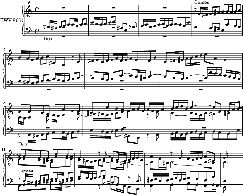 
\version "2.18.2"
\header {
  tagline = ##f
}

DuxNotes    = \relative { r8 a16 gis a8 b c c16 b c8 d e16 d c d e8 f gis,8 e r8 a8 b16 c a b c16 d b c d8 c b e }
Dux         = { s4*0_\markup{Dux} \DuxNotes }
Comes       = { s4*0^\markup{Comes} \transpose a e' \DuxNotes }

% Comes = \transpose a e' \Dux
% Comes       = { r8^\markup{Comes} e16 d e8 fis g g16 f g8 a b16 a g a b8 c dis, b r8 e8 fis16 g e fis g a fis g a8 g fis b }

upper = %\relative c' 
{
  \clef treble 
  \key a \minor
  \time 4/4
  \tempo 4 = 63
  \set Staff.midiInstrument = #"harpsichord" 

   %% FUGUE CBT I-20, BWV 847, la mineur

   R1*3 \Comes \relative { e'8 fis16 gis a b c d e8 a, gis4 } | 
   << { \relative { a'8 a g f e c' b a | gis e' d c b16 c d b c b a c | d e f d e4~ e8 a, b16 c d8~ | d c b a g e' d c | b4 r8 a8~ a g16 fis g a b g | c4 r8 b8 a16 g a b c8 fis, b16 } } \\ { \relative { c'16 b c4 d8 e16 d e4 f8~ f16 fis e fis gis8 a b4 r8 a8 | g4~ g16 f e g fis4 gis | a8 a g fis e c' b a | g16 fis e fis g8 fis8~ fis e16 dis e4~ | e8 a16 dis, e2~ e8 dis e4. } } >>

}

lower = %\relative c'
 {
  \clef bass 
  \key a \minor
  \time 4/4
  \set Staff.midiInstrument = #"harpsichord" 
    
  << { \relative c \Dux \relative { a4 g8 fis e c' b a | g16 fis e fis g8 a b16 a g a b8 c~ | c b16 a b8 e~ e d16 cis d4~ | d8 c16 b c4~ c16 a' g f e d c b } } \\ { R1*7 \transpose c c, { \Dux } \relative { a,8 b cis dis e e16 d e8 fis g4 r8 a8 b b,16 a g8 e a4 b c8 b a b16 a | g8 } } \\ { R1*10  \transpose c c, { \Comes }  e4 } >> %% Merci Xavier pour le \transpose c c, !
    
} 

\score {
  \new PianoStaff <<
    \set PianoStaff.instrumentName = #"BWV 865"
    \new Staff = "upper" \upper
    \new Staff = "lower" \lower
  >>
  \layout {
    \context {
      \Score
      \remove "Metronome_mark_engraver"
      \override SpacingSpanner.common-shortest-duration = #(ly:make-moment 1/2)
    }
  }
  \midi { }
}
