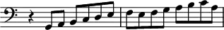 
\header {
  tagline = ##f
}

\score {
  \new Staff \with {
     \remove "Time_signature_engraver"
  }
<<
  \relative c {
    \key c \major
    \clef bass
    \time 2/2
    \override TupletBracket #'bracket-visibility = ##f 

     %%% f° 32
     r4 g8 a b c d e f e f g a b c a

  }
>>
  \layout {
     \context { \Score \remove "Metronome_mark_engraver" }
  }
  \midi {}
}
