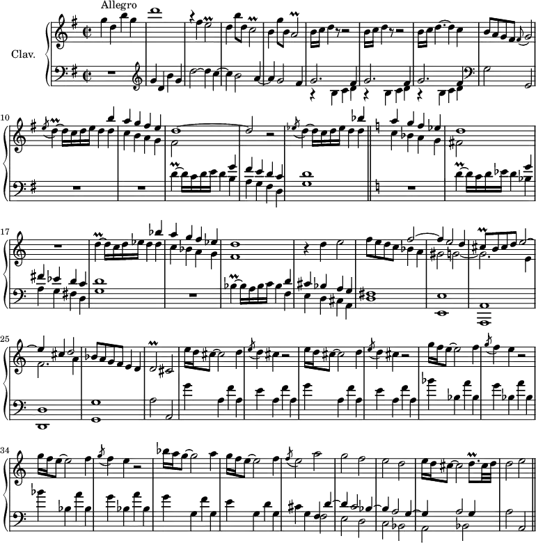 
\version "2.18.2"
\header {
  tagline = ##f
  % composer = "Domenico Scarlatti"
  % opus = "K. 539"
  % meter = "Allegro"
}

%% les petites notes
trillEb     = { \tag #'print { e2\prall } \tag #'midi { fis16 e fis e~ e4 } }
trillCb     = { \tag #'print { c2\prall } \tag #'midi { d16 c d c~ c4 } }
trillAb     = { \tag #'print { a2\prall } \tag #'midi { b16 a b a~ a4 } }
trillDUpUp  = { \tag #'print { d''4\prall~ } \tag #'midi { e16 d e d~ } }
trillDUp    = { \tag #'print { d'4\prall~ } \tag #'midi { ees16 d ees d~  } }
trillD      = { \tag #'print { d4\prall~ } \tag #'midi { e16 d e d~  } }
trillBes    = { \tag #'print { bes4\prall~ } \tag #'midi { c16 bes c bes~ } }
trillCisq   = { \tag #'print { cis8\prall } \tag #'midi { \times 2/3 { cis16 d cis } } }
trillDb     = { \tag #'print { d2\prall } \tag #'midi { e16 d e d~ d4 } }

upper = \relative c'' {
  \clef treble 
  \key g \major
  \time 2/2
  \tempo 2 = 92
  \set Staff.midiInstrument = #"harpsichord"

      s8*0^\markup{Allegro}
      g'4 d b' g | d'1 | a4\rest fis4 \trillEb | d4 b'8 d, \trillCb | b4 g'8 b, \trillAb
      % ms. 6
      \repeat unfold 2 { b16 c d4 r8 r2 } | b16 c d4.~ d4 c | b8 a g fis \appoggiatura fis8 g2 | \acciaccatura e'8 \trillD d16 c d e d4 
      % ms. 10 fin…
      << { b'4 | a g fis e | d1~ | d2 } \\ { d4 | c b a g | fis2 } >> r2 | \acciaccatura ees'8 d4~ d16 c d ees d4 << { bes'4 } \\ { d,4 } >>  \key c \major
      % ms. 16
      << { a' g f ees | d1 } \\ { c4 bes a g | fis2 } >> R1 | \trillDUp d16 c d ees d4 << { bes'4 | a g f ees | d1 } \\ { d4 | c bes a g | f1 } >> 
      % ms. 21
      r4 d'4 e2 | f8 e d c << { f2~ | f4 e2 d4 | \trillCisq b8 cis d e2~ | e4 cis d2  } \\ { bes4 a | gis2 g2~ | g2. e4 | f2. a4 } >>
      % ms. 26
      bes8 a g f e4 d | \trillDb cis2 | \repeat unfold 2 { e'16 d cis8~ cis2 d4 | \acciaccatura e8 d4 cis r2 } |
      % ms. 32
      \repeat unfold 2 { g'16 f e8~ e2 f4 | \acciaccatura g8 f4 e r2 } | bes'16 a g8~ g2 a4 | 
      % ms. 37
      g16 f e8~ e2 f4 | \acciaccatura f8 e2 a | g f e d | e16 d cis8~ cis2 d8.\prall cis32 d | d2 e 

}

lower = \relative c' {
  \clef bass
  \key g \major
  \time 2/2
  \set Staff.midiInstrument = #"harpsichord"

    % ************************************** \appoggiatura a16  \repeat unfold 2 {  } \times 2/3 { }   \omit TupletNumber 
      R1 |   \clef treble  g'4 d b' g | d'2~ d4 c~ | c b2 a4~ | a g2 fis4 |
      % ms. 6
      \repeat unfold 3 { << { g2. fis4 } \\ { r4 b,4 c d } >> }   \clef bass | g,2 g, | R1*2
      % ms. 12
      \trillDUpUp d16 c d e d4 << { g4 fis e d c | d1 } \\ { b4 | a g fis d | g1 } >>  \bar "||"   \key c \major R1 |
      % ms. 16
      \trillDUp d16 c d ees d4 << { g4 fis ees d c | d1 } \\ { bes4 | a g fis d | g1 } >> | R1 | \trillBes bes16 a bes c bes4
      % ms. 20 fin…
      << { d4 | cis bes a g | fis1 } \\ { f4 | e d cis a | d1 } >> | < e, e' >1 < a, a' > < d d' >
      % ms. 26
      < g g' >1 | a'2 a, | \repeat unfold 2 { g''4 a, f' a, | e' a, f' a, }
      % ms. 32
      \repeat unfold 2 { bes'4 bes, a' bes, | g' bes, a' bes, } | g' g, f' g, |
      % ms. 37
      e'4 g, d' g, | cis g << { f4 d'~ | d c2 bes4~ | bes a2 g4~ | g a2 g4 } \\ { f2 | e d c bes | a bes } >> a'2 a, \bar "||"

}

thePianoStaff = \new PianoStaff <<
    \set PianoStaff.instrumentName = #"Clav."
    \new Staff = "upper" \upper
    \new Staff = "lower" \lower
  >>

\score {
  \keepWithTag #'print \thePianoStaff
  \layout {
      #(layout-set-staff-size 17)
    \context {
      \Score
     \override TupletBracket.bracket-visibility = ##f
     \override SpacingSpanner.common-shortest-duration = #(ly:make-moment 1/2)
      \remove "Metronome_mark_engraver"
    }
  }
}

\score {
  \keepWithTag #'midi \thePianoStaff
  \midi { }
}
