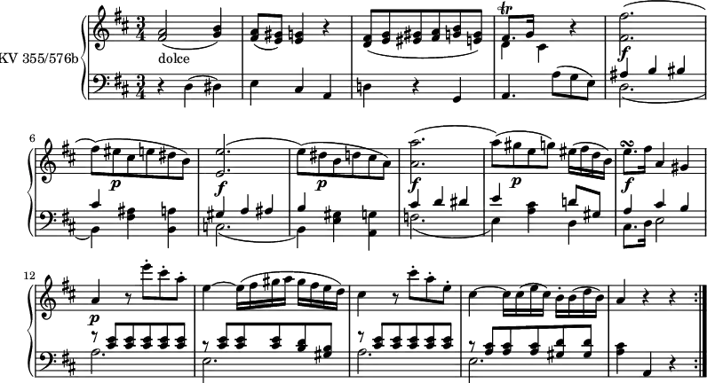 
\version "2.14.2"
\header {
  tagline = ##f
}
upper = \relative c'' { 
         \clef "treble"          
         \key d \major
         \time 3/4 
         \tempo 4 = 72                 
         \set Staff.midiInstrument = #"dulcimer"

  \repeat volta 2 {
    <fis, a>2_ \markup {dolce} (<g b>4)
    <fis a>8 (<e gis>) <e g>4 r
    <d fis>8 (<e g> <eis gis>  <fis a> <g b>  <e! g>)
     << {fis8.\trill g16} \\ {d4 cis}>> r4
      <fis fis'>2.\f
      (fis'8) (eis\p cis e dis b)
      <e, e'>2.\f
      (e'8) (dis\p b d cis a)
      <a a'>2.\f
      (a'8) (gis\p e g) eis16 (fis d b)
      e8.\turn \f fis16 a,4 gis
      a\p r8 e''-. cis-. a-.
      e4 ~ e16 (fis gis a gis fis e d)
      cis4 r8 cis'-. a-. e-.
      cis4  ~ cis16 cis (e cis) b-. b (d b)
      a4 r r
          }
}

lower = \relative c {
        \clef "bass" 
        \key d \major
        \time 3/4 
        \set Staff.midiInstrument = #"harpsichord"
        \set Staff.midiMinimumVolume = #0.2 
        \set Staff.midiMaximumVolume = #0.4
  \repeat volta 2 { 
    r4 d4 (dis)
    e cis a
    d! r g,
    a4. a'8 (g e)
    << {ais4 b bis cis} \\ {d,2. (b4)}>>
    <fis' ais>4 <b, a'>
    << {gis'4 a ais b} \\ {c,2. (b4)}>>
    <e gis>4 <a, g'>
    << {cis'4 d dis e} \\ {f,2. (e4)}>>
    <a cis>4 
    << {d!8 gis, a4 cis b} \\ {d,4 cis8. d16 e2)}>>
    << {r8 <cis' e>  <cis e>  <cis e> <cis e> <cis e> r  <cis e> <cis e> <cis e>  <b d> 
        <gis b> r8 <cis e>  <cis e>  <cis e> <cis e> <cis e> r  <a cis> <a cis> <a cis>  <gis d'>  <gis d'>} \\ {a2. e a e)}>>
     <a cis>4 a, r
  } 
}

\score {
  \new PianoStaff <<
    \set PianoStaff.instrumentName = #"KV 355/576b"
    \new Staff = "upper" \upper
    \new Staff = "lower" \lower
  >>
  \layout {
    \context {
      \Score
      \remove "Metronome_mark_engraver"
    }
  }
  \midi { }
}
