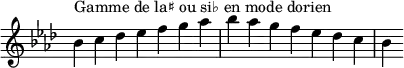  {
\override Score.TimeSignature #'stencil = ##f
\relative c'' {
  \key bes \dorian
  \clef treble \time 7/4
  bes4^\markup { Gamme de la♯ ou si♭ en mode dorien } c des es f g aes bes aes g f es des c bes
} }
