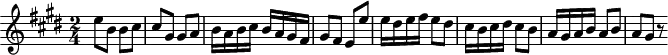
\version "2.18.2"
\header {
  tagline=##f
}

\score {
  \new Staff \with {

  }
<<
  \relative c'' {
    \key e \major
    \time 2/4
    \set Staff.midiInstrument = #"trumpet"
    \override TupletBracket #'bracket-visibility = ##f

     %%% Stravinski
     e8 b b cis cis gis gis a b16 a b cis b a gis fis gis8 fis e e' e16 dis e fis e8 dis cis16 b cis dis cis8 b a16 gis a b a8 b a gis r8

  }
>>
  \layout {
     \context { \Score
     \override SpacingSpanner.common-shortest-duration = #(ly:make-moment 1/3)
     \remove "Metronome_mark_engraver" }
  }
  \midi { \tempo 4=110 }
}
