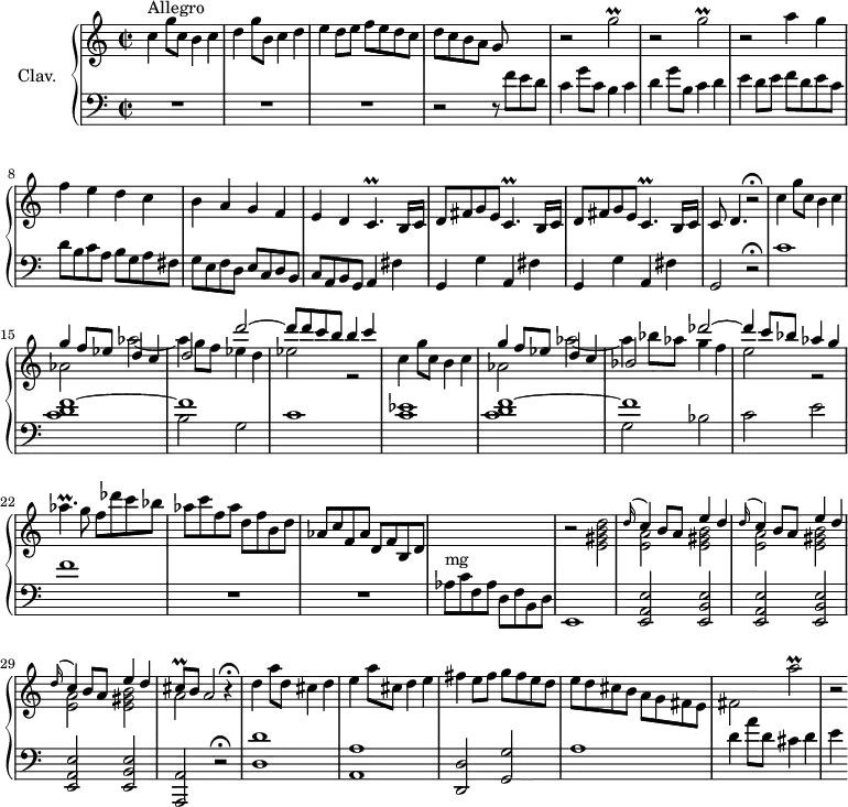 
\version "2.18.2"
\header {
  tagline = ##f
}

%% les petites notes
trillGbUp       = { \tag #'print { g'2\prall } \tag #'midi { \times 2/3 { a16 g a } g8~ g4 } }
trillCp         = { \tag #'print { c4.\prall } \tag #'midi { \times 2/3 { d16 c d } c4 } }
trillAesp       = { \tag #'print { aes4.\prall } \tag #'midi { \times 2/3 { bes16 aes bes } aes4 } }
trillCisqUp     = { \tag #'print { cis'8\prall } \tag #'midi { \times 2/3 { cis16 d cis } } }
trillAbUp       = { \tag #'print { a'2\prall } \tag #'midi { \times 2/3 { b16 a b } a4. } }

upper = \relative c'' {
  \clef treble 
  \key c \major
  \time 2/2
  \tempo 2 = 96
  \set Staff.midiInstrument = #"harpsichord"
  \override TupletBracket.bracket-visibility = ##f

      s8*0^\markup{Allegro}
      c4 g'8 c, b4 c | d4 g8 b, c4 d | e d8 e f e d c  | d c b a g s8 s4 |
      % ms. 5
      \repeat unfold 2 { r2 \trillGbUp } | r2 a4 g | f e d c | b a g f |
      % ms. 10
      e4 d \trillCp b16 c | \repeat unfold 2 { d8 fis g e \trillCp b16 c } | c8    \tempo 2 = 80   d4. r2\fermata |   \tempo 2 = 96 c'4 g'8 c, b4 c |
      % ms. 15
      << { g'4 f8 ees d4 c | d2 d'~ | d8 d c b b4   \tempo 2 = 45  c4 } \\ { aes,2 aes'~ | aes4 g8 f ees4 d | ees2 r2 } >> |   \tempo 2 = 96 c4 g'8 c, b4 c | 
      % ms. 19
      << { g'4 f8 ees d4 c | bes2 des'~ | des4 c8 bes aes4 g } \\ { aes,2 aes'~ | aes4 bes8 aes g4 f | e2 r2 } >>
      % ms. 22
      \trillAesp g8 f des'c bes | aes c f, aes d, f b, d | aes c f, aes d, f b, d |
      % ms. 25
      \stemDown \change Staff = "lower" aes8^\markup{mg} c f, aes d, f b, d \change Staff = "upper" r2 < e' gis b d >2 | \repeat unfold 3 {  << { \appoggiatura d'16 c4 b8 a e'4 d } \\ { < e, a >2 < e gis b > } >> } |
      % ms. 30
      << { \trillCisqUp b8     \tempo 2 = 70    a2 } \\ { a2 } >> r4\fermata |   \tempo 2 = 96 d4 a'8 d, cis4 d | e a8 cis, d4 e | fis e8 fis g fis e d | e d cis b a g fis e |
      % ms. 35
      fis2 \trillAbUp | r2*1/2

}

lower = \relative c' {
  \clef bass
  \key c \major
  \time 2/2
  \set Staff.midiInstrument = #"harpsichord"

    % **************************************
      R1*3 r2 r8 f8 e d
      % ms. 5
      c4 g'8 c, b4 c | d4 g8 b, c4 d | e d8 e f d e c | d b c a b g a fis | g e f d e c d b |
      % ms. 10
      c8 a b g a4 fis' | \repeat unfold 2 { g, g' a, fis' } | g,2 r2\fermata | c'1 |
      % ms. 15
      << { f1~ | f | s1 | ees1 | f~ f | s1 s1 } \\ { < c d >1 | b2 g | c1 c < c d > | g2 bes c2 e | f1 } >> 
      % ms. 23 et 26
      R1*2 | s1 e,,1
      % ms. 27
      \repeat unfold 3 { < e a e' >2 < e b' e > } |
      % ms. 30
      < a, a' >2 r2\fermata | < d' d' >1 < a a' > | < d, d' >2 < g g' > | a'1 |
      % ms. 35
      d4 a'8 d, cis4 d | e

}

thePianoStaff = \new PianoStaff <<
    \set PianoStaff.instrumentName = #"Clav."
    \new Staff = "upper" \upper
    \new Staff = "lower" \lower
  >>

\score {
  \keepWithTag #'print \thePianoStaff
  \layout {
      #(layout-set-staff-size 17)
    \context {
      \Score
     \override SpacingSpanner.common-shortest-duration = #(ly:make-moment 1/2)
      \remove "Metronome_mark_engraver"
    }
  }
}

\score {
  \keepWithTag #'midi \thePianoStaff
  \midi { }
}
