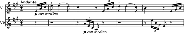 
<<
  \new Staff \with {
       instrumentName = #"V1"
     }
     \relative c'' { 
         \version "2.18.2"
         \clef "treble" 
         \tempo "Andante" 
         \key a \major
         \time 2/4
                  s4.  \tuplet 3/2 {e,16_\markup { \dynamic p  \hspace #0.1  \italic { con sordino } }  a cis}
                   e8-! e4 (d8)  
                   cis4 r8 \tuplet 3/2 {e,16 a cis}
                   d8-! d4 (cis8)
                   b4 r8 \tuplet 3/2 {e,16 gis b}

}
\new Staff \with {
         instrumentName = #"V2" }
   
\relative c'' {
         \clef "treble" 
         \tempo "Andante" 
         \key a \major
         \time 2/4
          s4.  r8 r2
          r8 \tuplet 3/2 {a16_\markup { \dynamic p  \hspace #0.1  \italic { con sordino } } e cis} a8 r8 r2
          r8 \tuplet 3/2 {e''16 b gis} e8 r8
 }
>>
