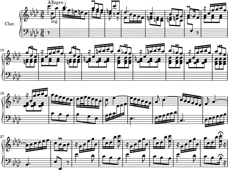 
\version "2.18.2"
\header {
  tagline = ##f
  % composer = "Domenico Scarlatti"
  % opus = "K. 184"
  % meter = "Allegro"
}

%% les petites notes
trillAesq      = { \tag #'print { aes8\prall } \tag #'midi { bes32 aes bes aes } }
trillAesqp     = { \tag #'print { aes8.\prall } \tag #'midi { bes32 aes bes aes~ aes16 } }
trillDesq      = { \tag #'print { des8\prall } \tag #'midi { ees32 des ees des } }
trillGesq      = { \tag #'print { ges8\prall } \tag #'midi { aes32 ges aes ges } }
trillBesqq     = { \tag #'print { bes16\prall } \tag #'midi { \times 2/3 { bes32 c bes } } }
trillFq        = { \tag #'print { f8\prall } \tag #'midi { g32 f g f } }

upper = \relative c'' {
  \clef treble 
  \key f \minor
  \time 3/8
  \tempo 4. = 74
  \set Staff.midiInstrument = #"harpsichord"
  \override TupletBracket.bracket-visibility = ##f

      s8*0^\markup{Allegro}
      c'4. | \stemUp bes | \trillAesq g8 f | e c' c, | des4. | c | 
      % ms. 7
      bes8 aes g | \trillAesqp \tempo 4. = 45 g16 \tempo 4. = 30 f8 | \tempo 4. = 74 \repeat unfold 2 { r16 c'16 f g aes f | g8 \trillDesq c8 } |
      % ms. 13
      \repeat unfold 2 { r16 c16 a' bes c a | bes8 \trillGesq f8 } | r16 bes,16 g' aes bes g | aes8 \trillFq ees8 | r16 bes16 g' aes bes g |
      % ms. 19
      \stemNeutral aes g f ees des c | des16 ees32 f ees16 des c bes | c8 ees4~ | ees16 des c bes aes g | aes8 c4~ | c16 bes aes g f ees | f8 aes4~ |
      % ms. 27
      aes16 bes c des ees f | c8 \trillBesqq \tempo 4. = 45 aes16 \tempo 4. = 30 bes8 | \tempo 4. = 74 \repeat unfold 2 { r16 g16 bes ees g bes, | aes'[ c, des bes'] < ees, c' >8 } | r16 g,16 bes ees g bes, |
      % ms. 34
      aes'[ c, des bes'] \tempo 4. = 30 < ees, c' >16\fermata r16 |

}

lower = \relative c' {
  \clef bass
  \key f \minor
  \time 3/8
  \set Staff.midiInstrument = #"harpsichord"
  \override TupletBracket.bracket-visibility = ##f

    % ************************************** \appoggiatura a16  \repeat unfold 2 {  } \times 2/3 { }   \omit TupletNumber 
      r8 \stemDown \change Staff = "upper" c'8-\markup{mg} aes' | g16 f e d c8 | f8 ees des | c8 r8 r8 | f,8 bes16 aes g f | < e g >8 < d f > < c e > | 
      % ms. 7
      < d f >8 e c | f \stemUp \change Staff = "lower"  f, r8 \stemDown \change Staff = "upper" \repeat unfold 2 { < f' aes >8 q q | < e g > q q } | 
      % ms. 13
      \repeat unfold 2 { < ees f a >8 q q | < des f bes > q q } | < des ees g > q q | < c ees aes > q q | < des ees g > q q | \stemNeutral \change Staff = "lower" c8 bes aes |
      % ms. 21
      bes8 g ees | aes16 bes c \stemDown \change Staff = "upper" des ees f | \stemNeutral \change Staff = "lower"  ees,4. | f16 g aes bes c des | c,4. | des16 ees f g aes bes |
      % ms. 27
      bes,4. | ees8 ees, r8 | \repeat unfold 2 { ees''4 des8 | c8 bes aes } | ees'4 des8 |
      % ms. 34
      c8 bes aes16\fermata r16 |

}

thePianoStaff = \new PianoStaff <<
    \set PianoStaff.instrumentName = #"Clav."
    \new Staff = "upper" \upper
    \new Staff = "lower" \lower
  >>

\score {
  \keepWithTag #'print \thePianoStaff
  \layout {
      #(layout-set-staff-size 17)
    \context {
      \Score
     \override SpacingSpanner.common-shortest-duration = #(ly:make-moment 1/2)
      \remove "Metronome_mark_engraver"
    }
  }
}

\score {
  \keepWithTag #'midi \thePianoStaff
  \midi { }
}

