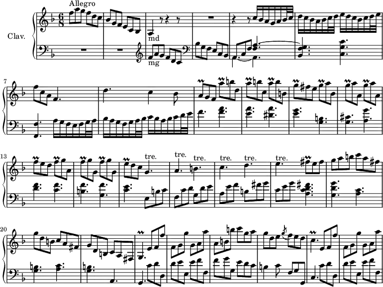 
\version "2.18.2"
\header {
  tagline = ##f
}

%% les petites notes
trillAq = { \tag #'print { a8\prall } \tag #'midi { bes32 a bes a } }
trillAqUp = { \tag #'print { a'8\prall } \tag #'midi { b32 a b a } }
trillGq = { \tag #'print { g8\prall } \tag #'midi { a32 g a g } }
trillGqUp = { \tag #'print { g'8\prall } \tag #'midi { a32 g a g } }
trillFq = { \tag #'print { f8\prall } \tag #'midi { g32 f g f } }
trillFqUp = { \tag #'print { f'8\prall } \tag #'midi { g32 f g f } }
trillFisq = { \tag #'print { fis8\prall } \tag #'midi { g32 fis g fis } }
trillEqUp = { \tag #'print { e'8\prall } \tag #'midi { f32 e f e } }
trillGpTre = { \tag #'print { g4.^\markup{tre.} } \tag #'midi { \repeat unfold 4 { a32 g~ } g8 } }
trillApTre = { \tag #'print { a4.^\markup{tre.} } \tag #'midi { \repeat unfold 4 { b32 a~ } a8 } }
trillBpTre = { \tag #'print { b4.^\markup{tre.} } \tag #'midi { \repeat unfold 4 { c32 b~ } b8 } }
trillCpTre = { \tag #'print { c4.^\markup{tre.} } \tag #'midi { \repeat unfold 4 { d32 c~ } c8 } }
trillDpTre = { \tag #'print { d4.^\markup{tre.} } \tag #'midi { \repeat unfold 4 { e32 d~ } d8 } }
trillEpTre = { \tag #'print { e4.^\markup{tre.} } \tag #'midi { \repeat unfold 4 { f32 e~ } e8 } }
trillGp = { \tag #'print { g4.\prall } \tag #'midi { a32 g a g~ \tempo 4. = 45 g4 } }
trillCp = { \tag #'print { c4.\prall } \tag #'midi { d32 c d c~ \tempo 4. = 45 c4 } }

upper = \relative c'' {
  \clef treble 
  \key f \major
  \time 6/8
  \tempo 4. = 76
  \set Staff.midiInstrument = #"harpsichord"

    s16*0^\markup{Allegro}
    f8 a g f d c bes g f e c bes a4-\markup{md} r8 r4 r8 | R2. |
     % ms. 5
     r4 r8 c'16 bes a g a bes32 c | d16 c bes a bes c32 d e16 d c bes c d32 e | f8 c a f4. | d'4. c4 bes8 |
     % ms. 9
     \trillAq g8 f \trillAqUp b8 d, | \trillAqUp b8 c, \trillAqUp b8 b, | \trillGqUp fis8 e \trillGq a8 bes, | \repeat unfold 2 { \trillGqUp a8 a, } | \trillFqUp e8 d \trillFq g8 a, |
     % ms. 14
     \repeat unfold 2 { \trillFqUp g8 g, } | \trillEqUp d8 c \trillGpTre | \trillApTre \trillBpTre \trillCpTre \trillDpTre \trillEpTre  \trillFisq e8 fis |
     % ms. 19
     g8 a b  c a fis | g d b c a fis | g d b  c a fis | \trillGp  e'8 f f' | f, g g' g, a a' |
     % ms. 24
     a,8 b b' c g a | g d e \acciaccatura g8 f8 e d | \trillCp  e,8 f f' | f, g g' g, a a' |

}

lower = \relative c' {
  \clef bass
  \key f \major
  \time 6/8
  \omit Staff.TimeSignature
  \set Staff.midiInstrument = #"harpsichord"

    % **************************************
     R2.*2 |   \clef treble  f8-\markup{mg} a g f d c   \clef bass bes g f e c bes |
     % ms. 5
     << { a8 c f < f a >4.~ | < bes, f' g > } \\ { \mergeDifferentlyDottedOn a4.~ a  } >> < c g' c >4. | < f, f' >4. a'16 g f e f g32 a | bes16 a g f g a32 bes c16 bes a bes c d32 e |
     % ms. 9
     f4. < f a >4. | < e a > < dis a' > | < e g > < b g > | < cis g > < a g' > | < d f > < c f > |
     % ms. 14
     < b f' > < g f' > | < c e > e,8 b' c | f, c' d g, d' e | a, e' f b, fis' g | c, e g < a, c d fis >4.
     % ms. 19
     < g d' g >4. \repeat unfold 2 { < a c > | < g b > } a,4. |  g4.   \tempo 4. = 76 c'8 d d, | d' e e, e' f f, |
     % ms. 24
     f'8 g g, e' d c | b4 c8 | f, g g, |  c4.   \tempo 4. = 76 c'8 d d, | d' e e, e' f f, |

}

thePianoStaff = \new PianoStaff <<
    \set PianoStaff.instrumentName = #"Clav."
    \new Staff = "upper" \upper
    \new Staff = "lower" \lower
  >>

\score {
  \keepWithTag #'print \thePianoStaff
  \layout {
      #(layout-set-staff-size 17)
    \context {
      \Score
     \override SpacingSpanner.common-shortest-duration = #(ly:make-moment 1/2)
      \remove "Metronome_mark_engraver"
    }
  }
}

\score {
  \keepWithTag #'midi \thePianoStaff
  \midi { }
}
