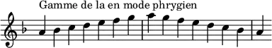  {
\override Score.TimeSignature #'stencil = ##f
\relative c'' {
  \key a \phrygian
  \clef treble \time 7/4
  a4^\markup { Gamme de la en mode phrygien } bes c d e f g a g f e d c bes a
} }
