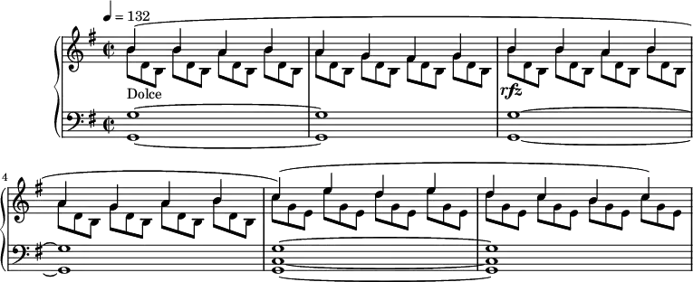 
\version "2.18.2"
\header {
  tagline = ##f
}
upper = \relative c'' {
  \clef treble 
  \key g \major
  \time 2/2
  \tempo 4 = 132
  \override TupletBracket.bracket-visibility = ##f

   %%Montgeroult — Étude 26 (pdf p. 70)
   << { b4(_\markup{Dolce} b a b a g fis4 g } \\ { \omit TupletNumber \times 2/3 { b8[ d, b] } \times 2/3 { b'[ d, b] } \times 2/3 { a'[ d, b] } | \times 2/3 { b'[ d, b] }
      \times 2/3 { a'[ d, b] } \times 2/3 { g'[ d b] }  \times 2/3 { fis'[ d b] } \times 2/3 { g'[ d b] } } >> 
   << { b'4\rfz b a b a g a b c)( e d e } \\ { \times 2/3 { b8[ d, b] } \times 2/3 {  b'[ d, b] } \times 2/3 { a'[ d, b] } \times 2/3 {  b'[ d, b] } \times 2/3 { a'[ d, b] } \times 2/3 { g' d b] } \times 2/3 { a'[ d, b] } \times 2/3 { b'[ d, b] } | \times 2/3 { c'[ g e] } \times 2/3 { e'[ g, e] } \times 2/3 { d'[ g, e] } \times 2/3 { e'[ g, e] } } >>
   << { d'4 c b c) } \\ { \times 2/3 { d8[ g, e] } \times 2/3 { c'[ g e] } \times 2/3 { b'[ g e] } \times 2/3 { c'[ g e] } } >>
  

}

lower = \relative c' {
  \clef bass
  \key g \major
  \time 2/2

   \repeat unfold 2 { < g g, >1~ q }
    < g c, g >~ q

}

  \header {
    piece = ""
  }

\score {
  \new PianoStaff <<
    \new Staff = "upper" \upper
    \new Staff = "lower" \lower
  >>
  \layout {
    \context {
      \Score
      
    }
  }
  \midi { }
}
