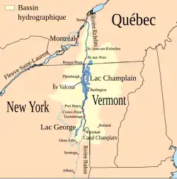 Carte du lac Champlain avec la baie Missisquoi dans le coin nord-est du lac.