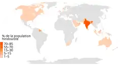 Carte représentant la part de la population hindouiste de chaque pays du monde