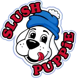 Dessin de la tête d'un chiot blanc avec un bonnet bleu se léchant les babines, entouré de «&nbsp;Slush Puppie&nbsp;» en lettres rouges.