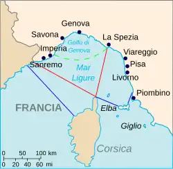 Carte de la mer de Ligurie avec en rouge ses limites selon l'Organisation hydrographique internationale et en bleu selon l'Institut hydrographique de la Marine militaire italienne&nbsp;(it).