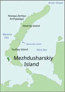Carte de localisation de l'île Mejdoucharski dans la Nouvelle-Zemble avec au sud le Kostin Shar