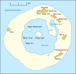 Carte d'une île avec en marron les différents villages.